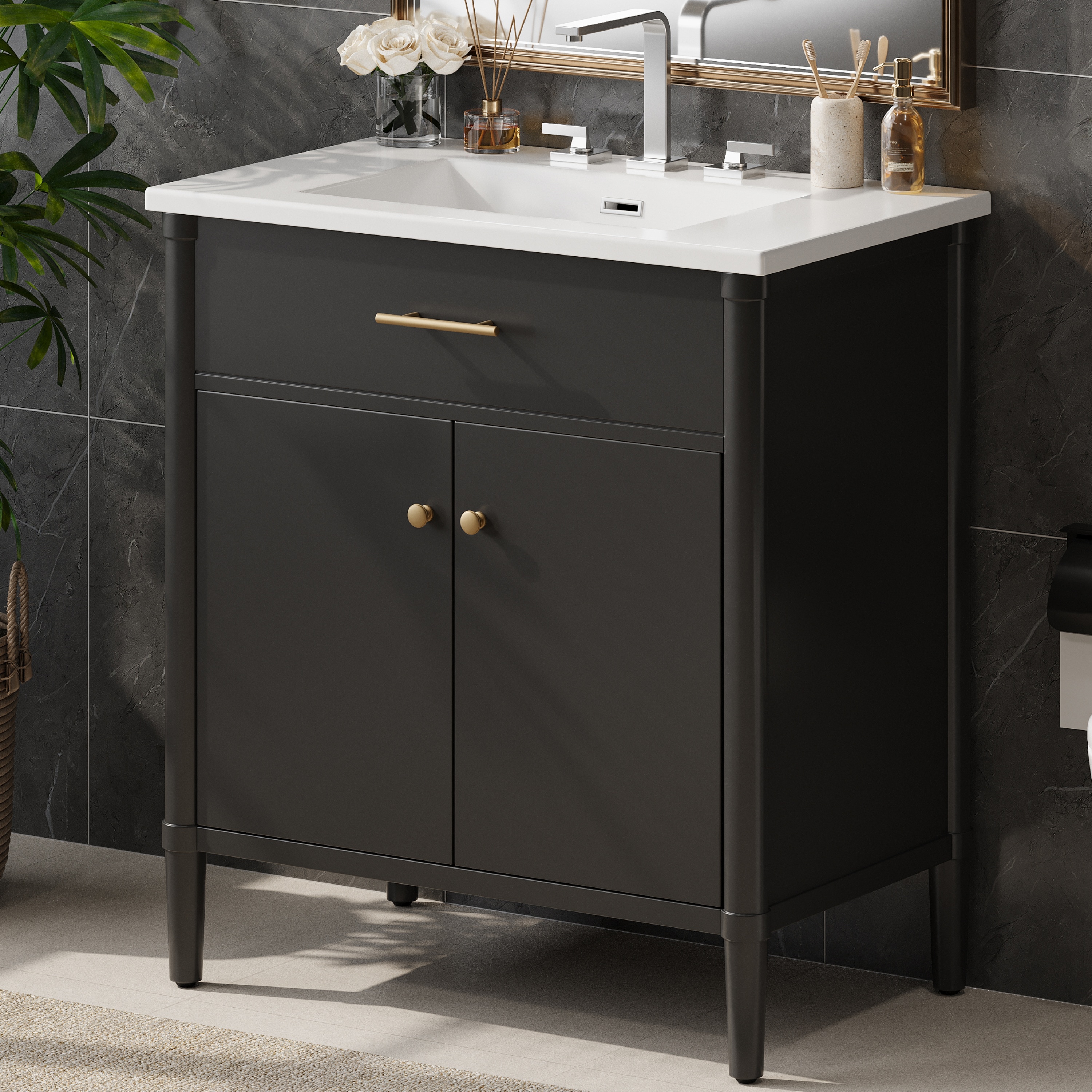 LOVMOR SF-WO-N817P299509B Bathroom Vanity with Sink Bathroom Cabinet with Soft Close Doors and Adjustable Shelf Curved Profile Design Rubber Wood Legs Black