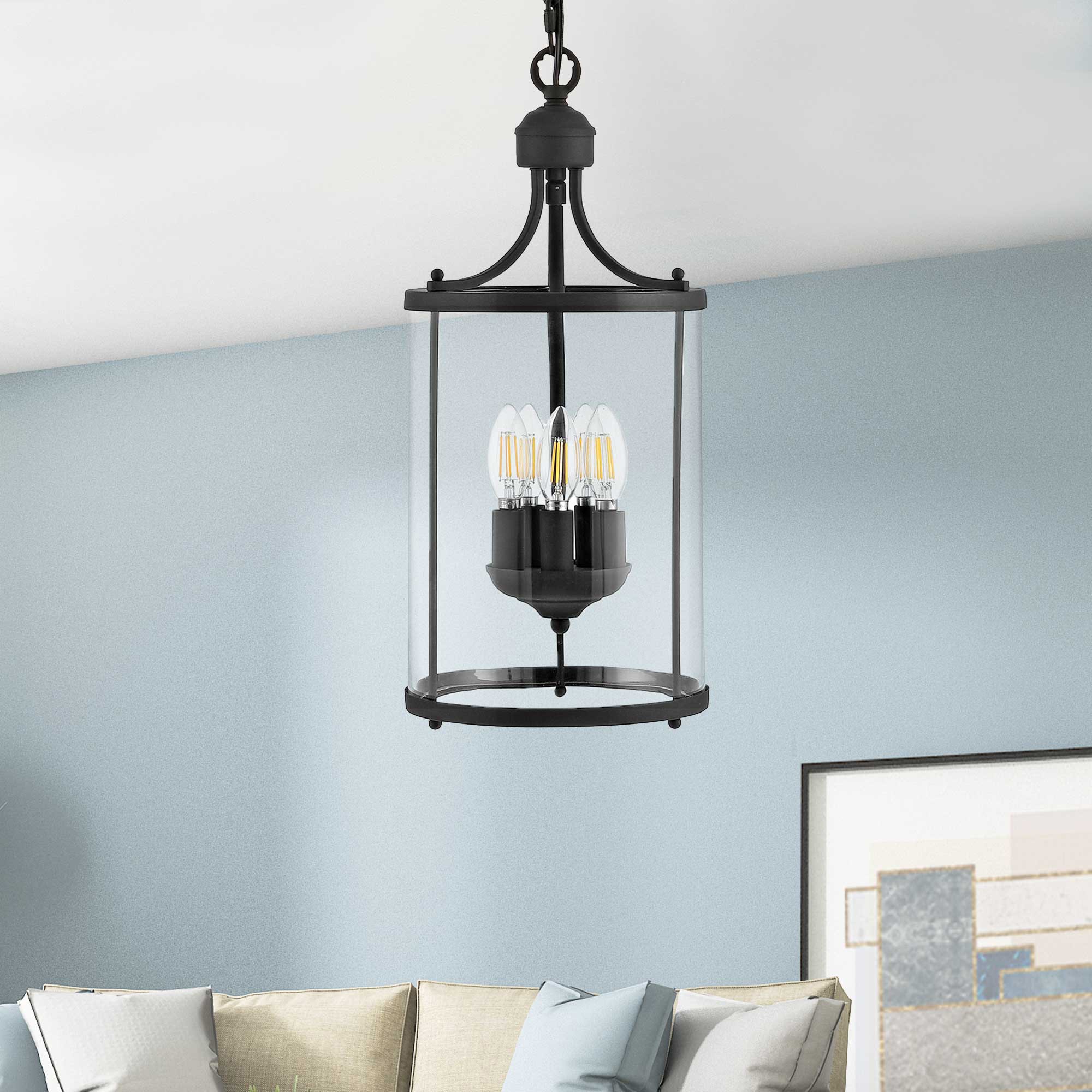 GETLEDEL 5-Light Black Farmhouse Clear Glass Cylinder Led; Mini Hanging ...