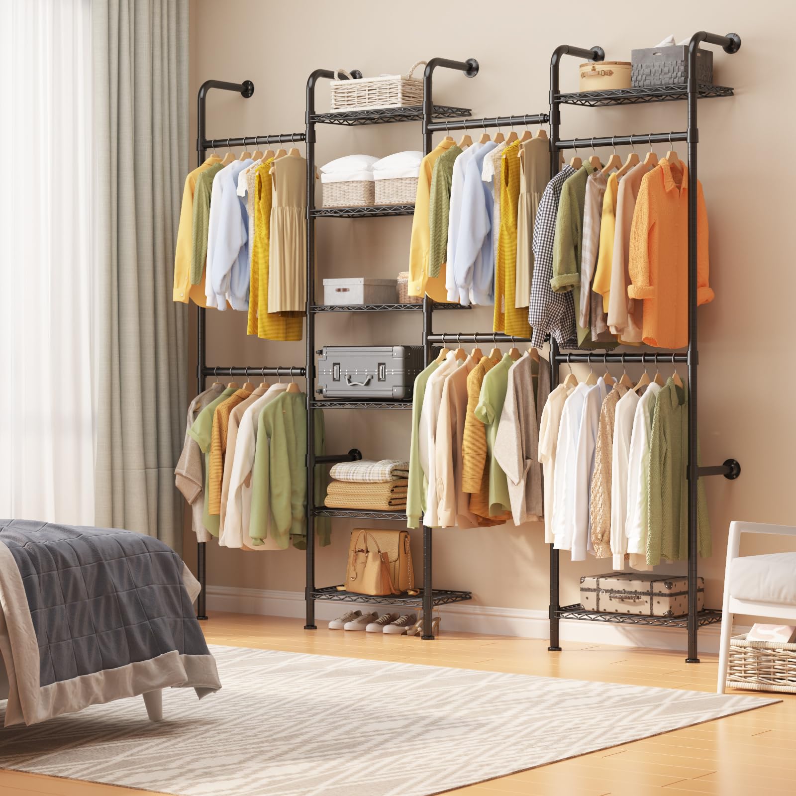 IdealHouse Wall Mounted Pipe Closet System Carbon Steel Wall Mounted Clothes Rack for Closet Storage Expandable Rods 23.62-35.43 in 8 Wire Shelves Matte Black
