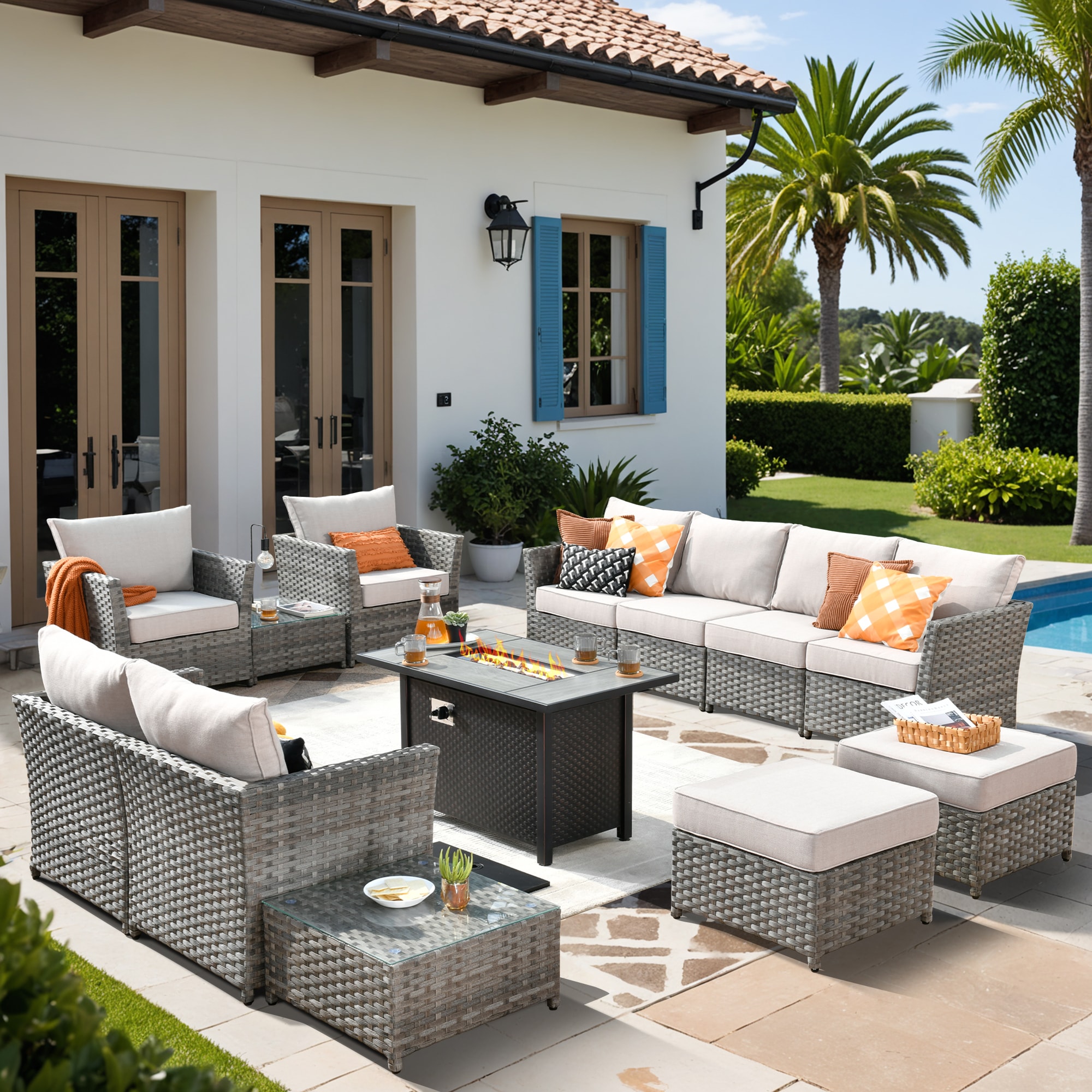 Pouuin SCFPBRS6012 Wicker Outdoor Sectional with Beige Cushions and Wicker Frame