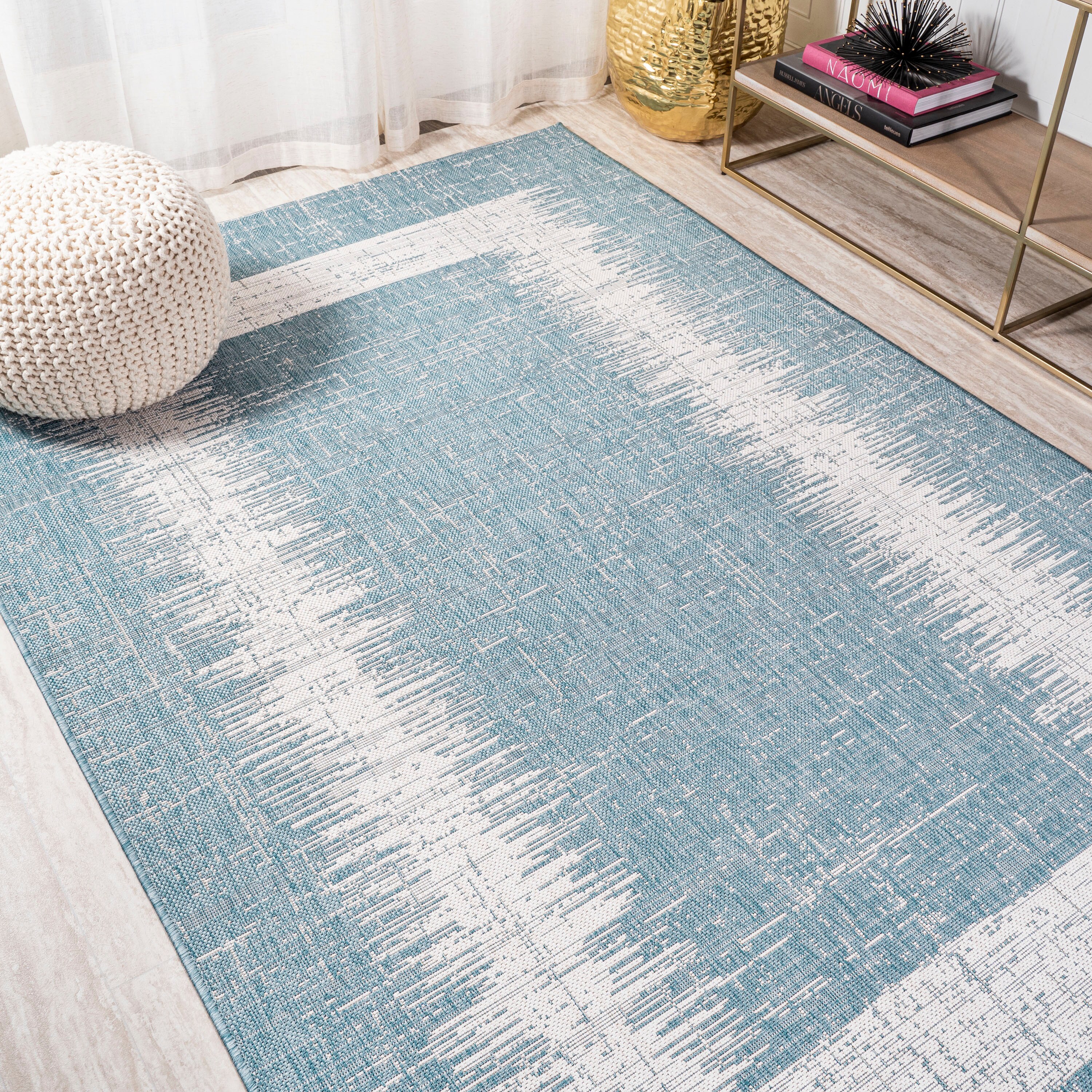 Aqua and Ivory Geometric Synthetic 3' x 5' Indoor/Outdoor Area Rug