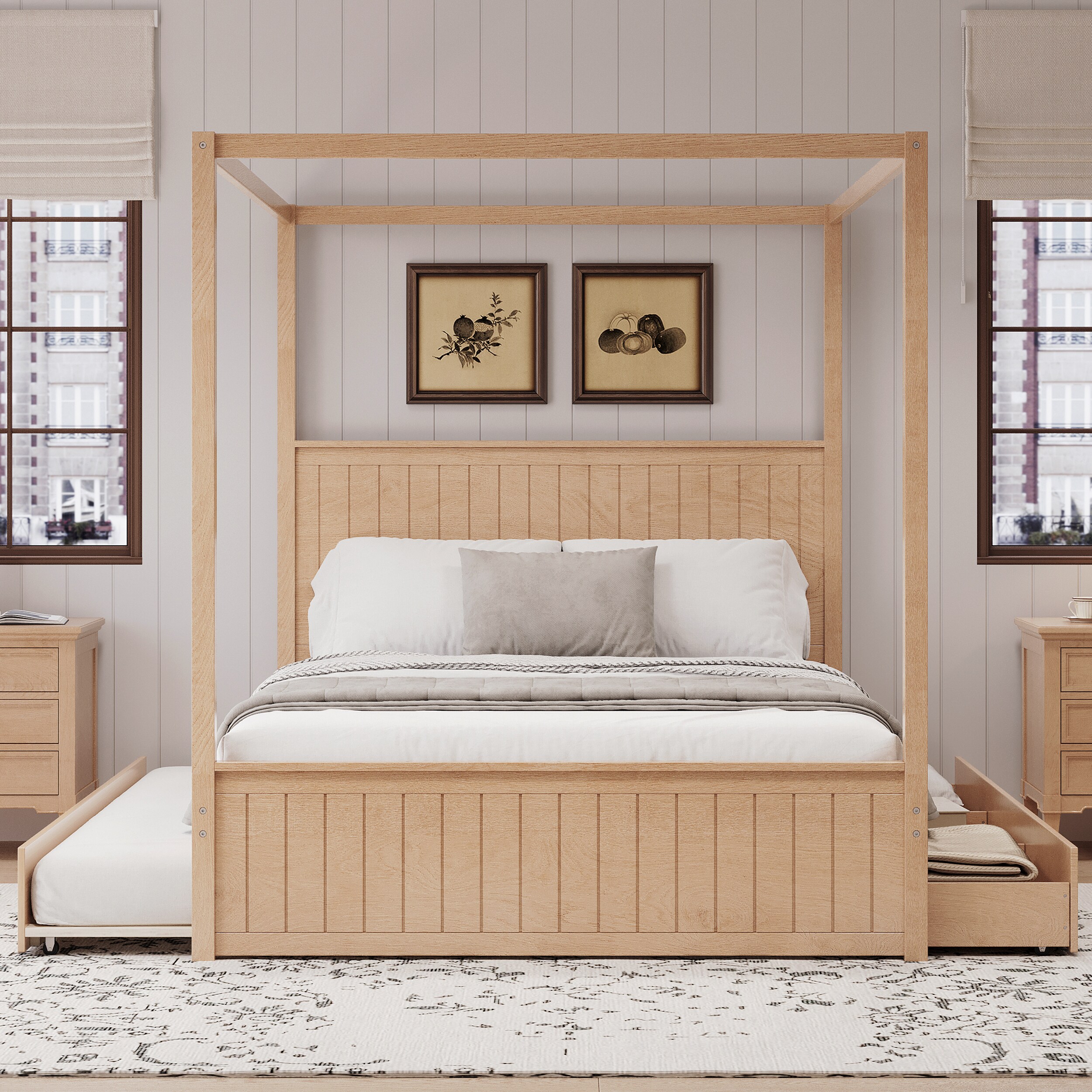 GDFStudio 335987 Harper Wood Queen Canopy Platform Bed with Trundle and 3-Drawers Natural