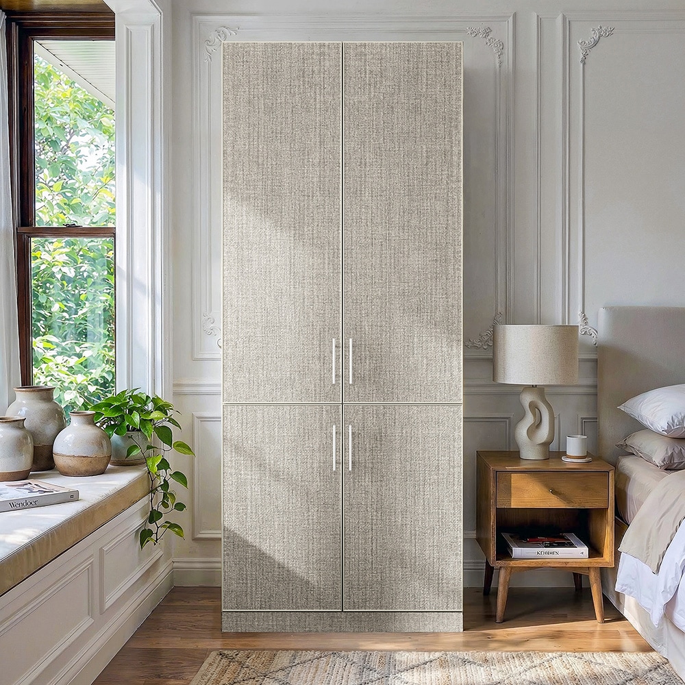 Homsee -  Fabric Texture 4 Door Wardrobe Cabinet with Hanging Rod Drawer and Pull Out Pants Rack ...