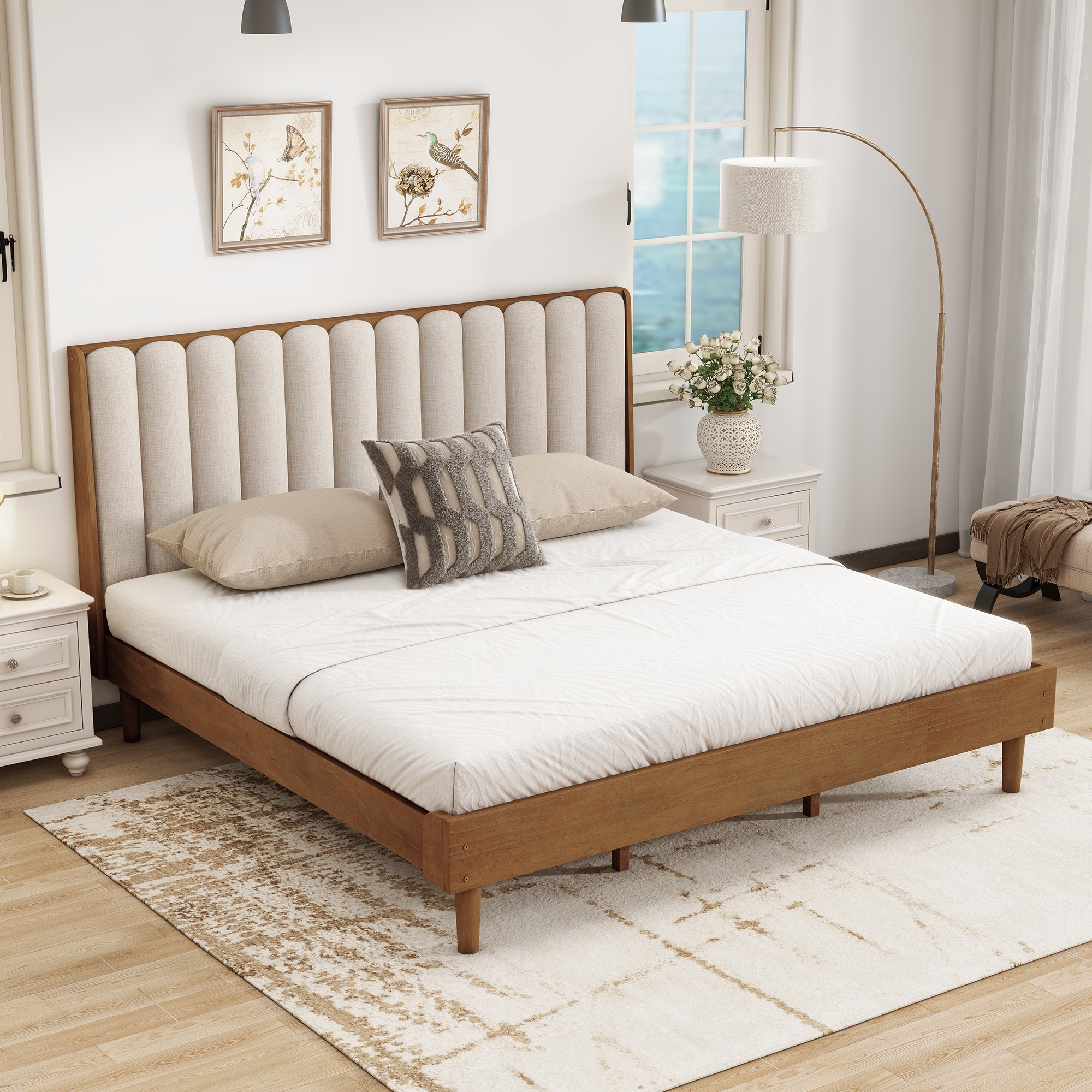 KTMBDW Solid Wood King Size Bed Frame with Tall Upholstered Headboard and Wood Slat Support No Box Spring Needed (Brown)