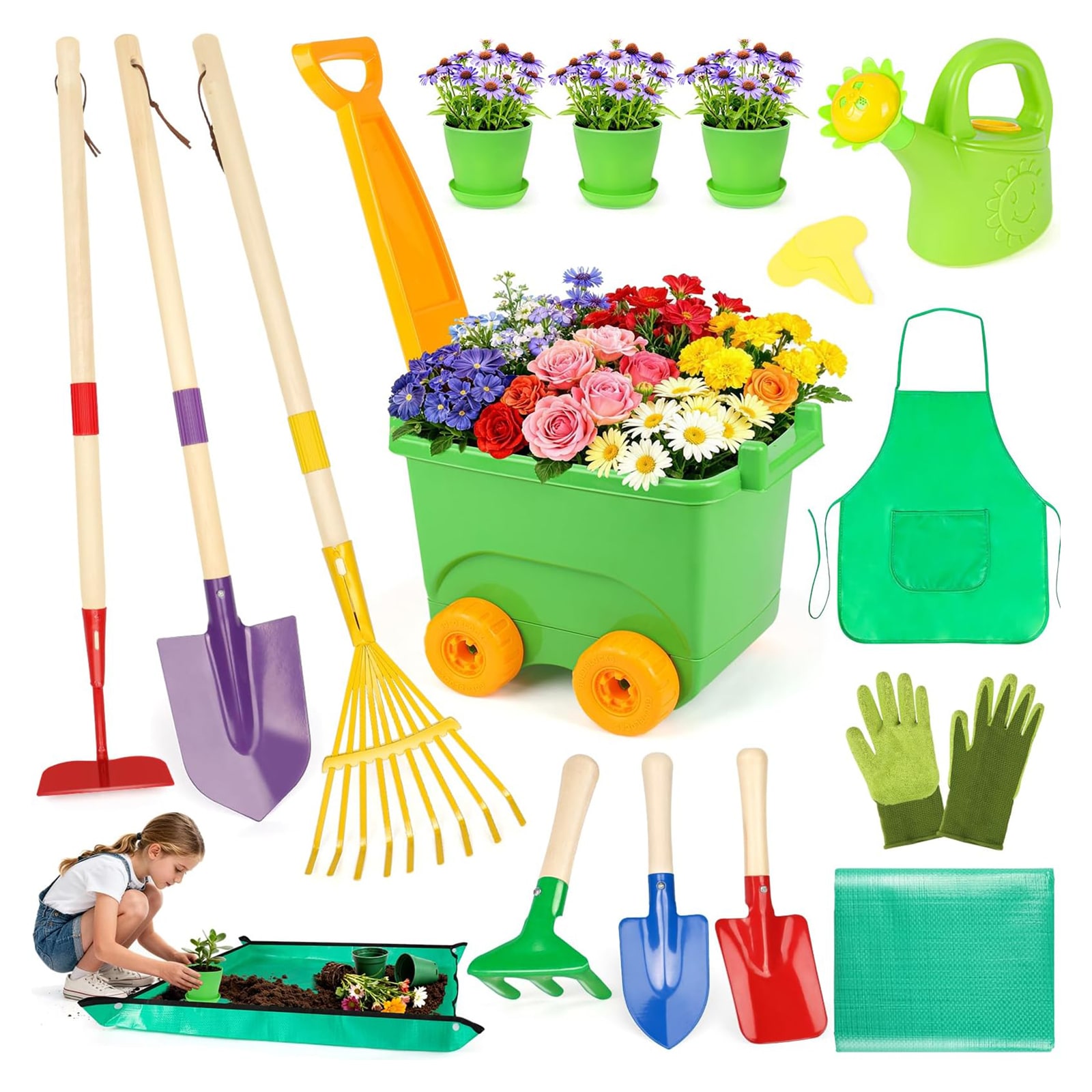Afoxsos Kids Gardening Set 22 Piece Wheelbarrow 6 Metal Tools 3 Flower Pots Plant Markers Mat Apron Gloves Watering Can for Ages 3 to 8