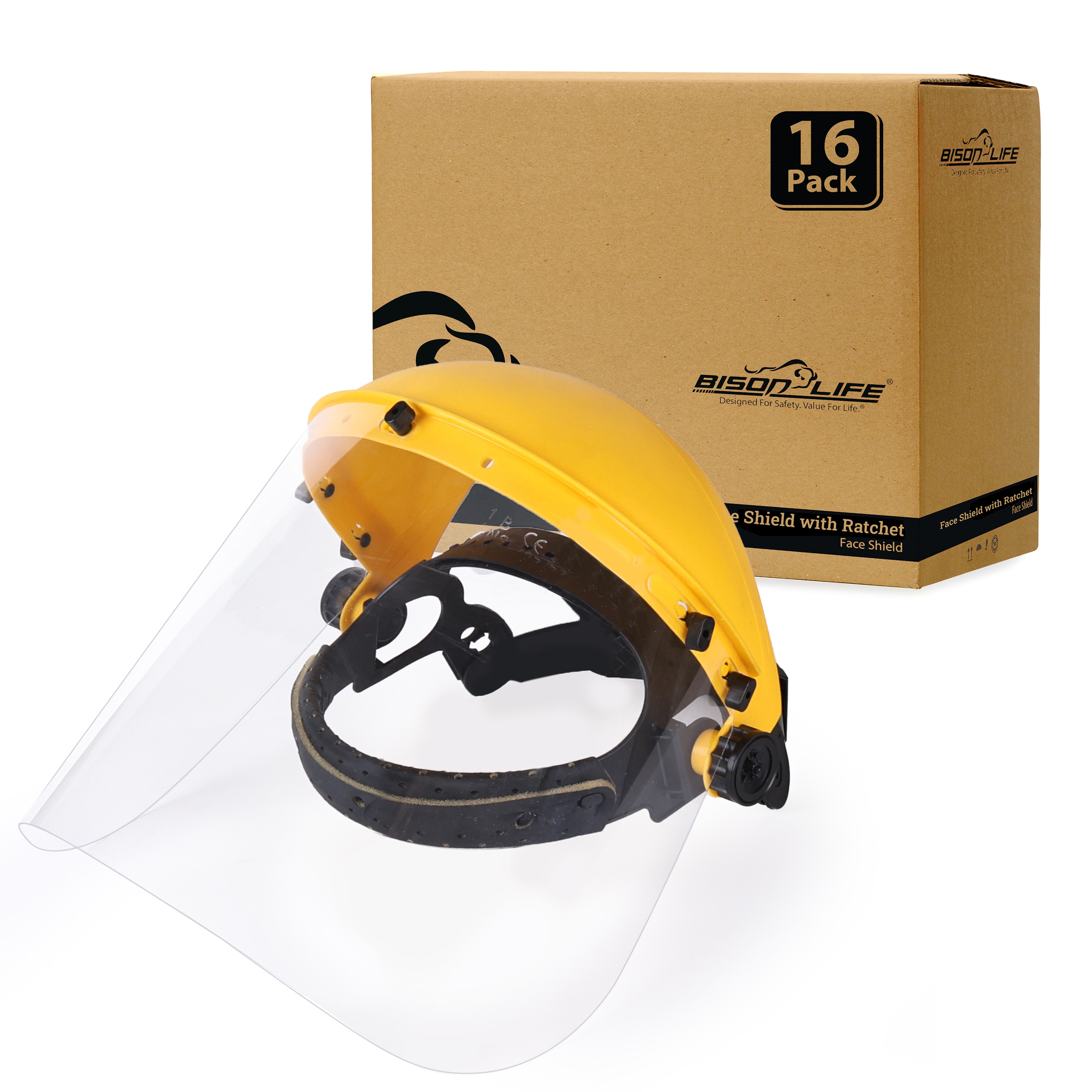BISON LIFE BLSH-ES-FSR-16 16-Pack, Reusable Full Face Protection Polycarbonate Face Shield