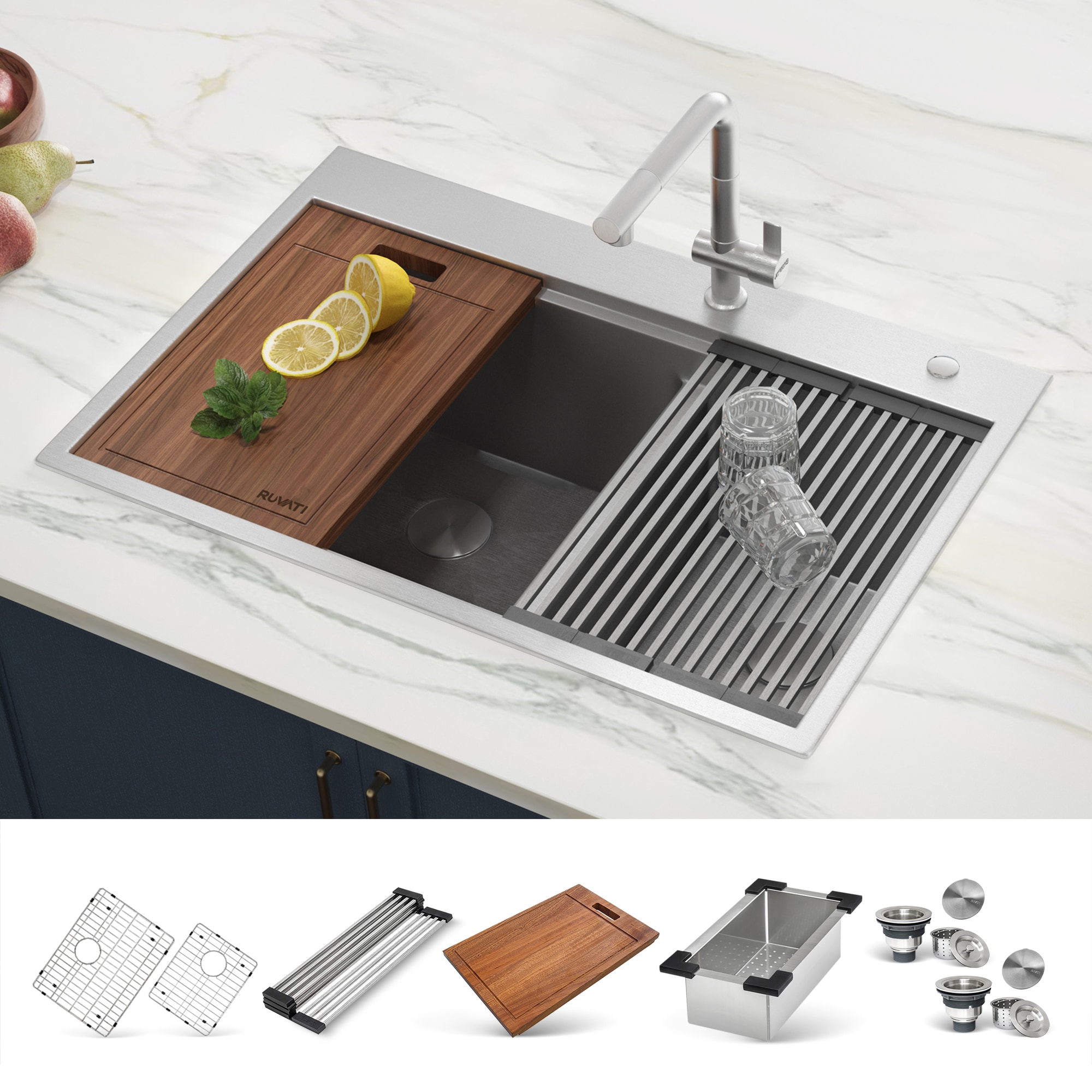 Ruvati RVH8036 Siena Drop-in 32.5-in x 22-in Stainless steel Double offset bowl 2-Hole 16 -Gauge Workstation Kitchen Sink