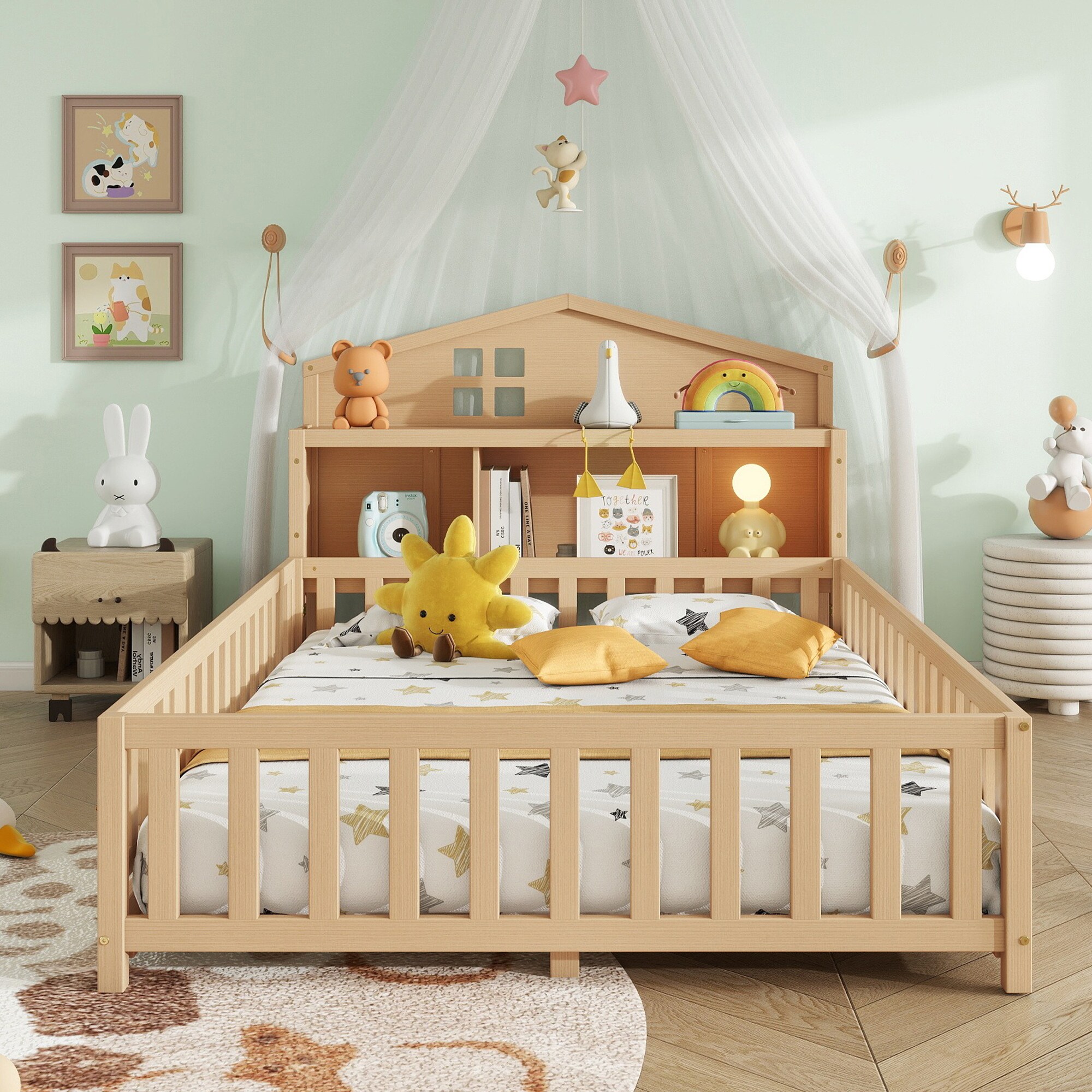 GDFStudio Full-size Montessori Floor Bed with Bookcases and Blackboards ...