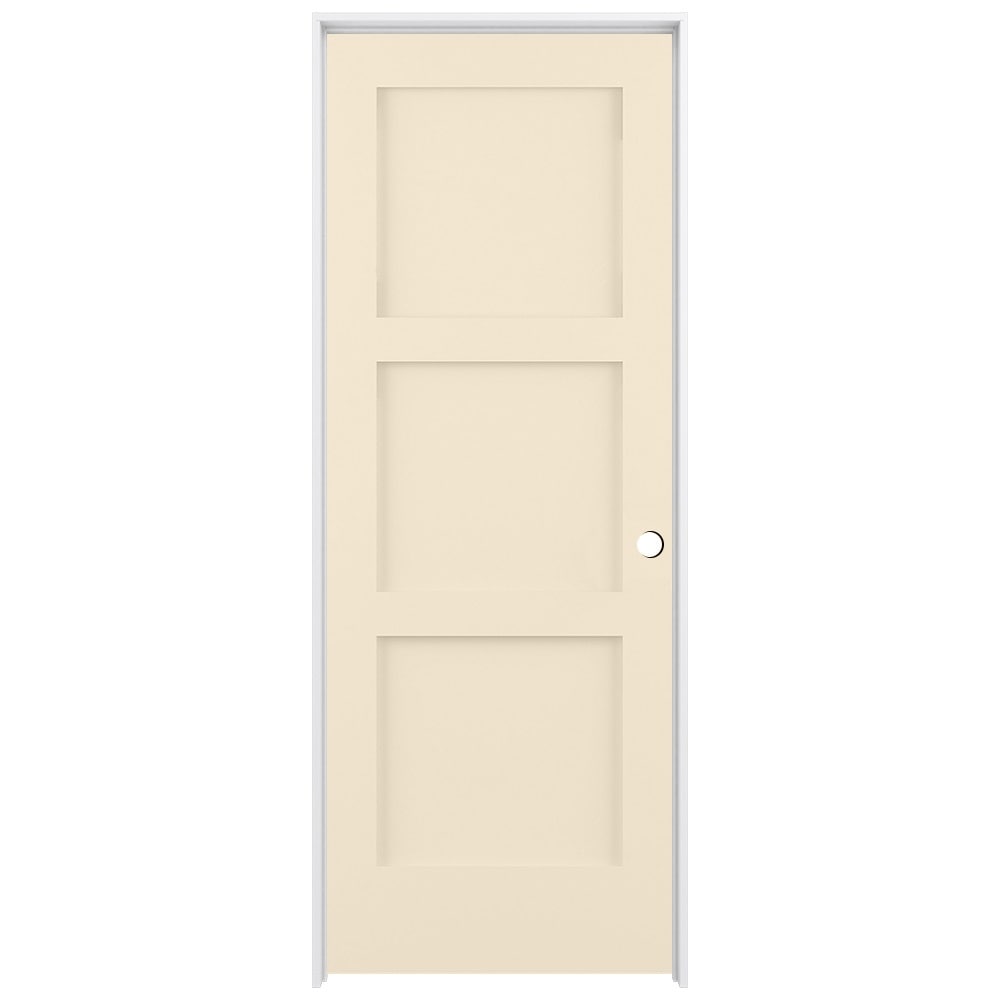 RELIABILT LO1369248 30-in x 80-in Cream-n-Sugar Solid core 3-panel square Left hand Smooth Prefinished Pine Wood Flat Jamb Single Prehung Interior Door