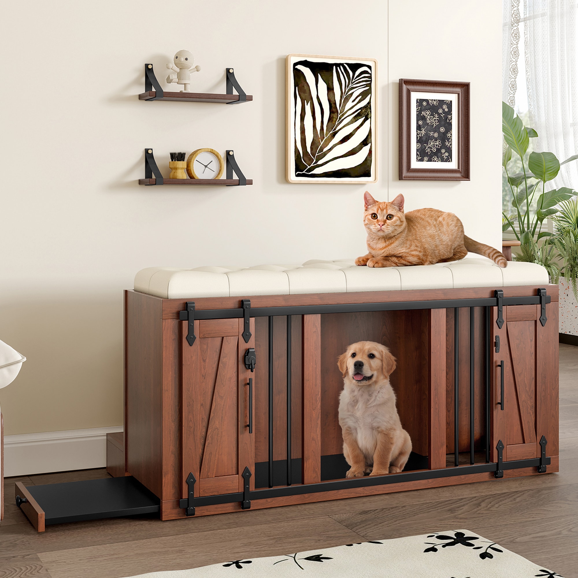 LOVMOR Twin Size Floor Bed with Fence without Door Rubber Wood Floor Bed with Safety Guardrails Natural