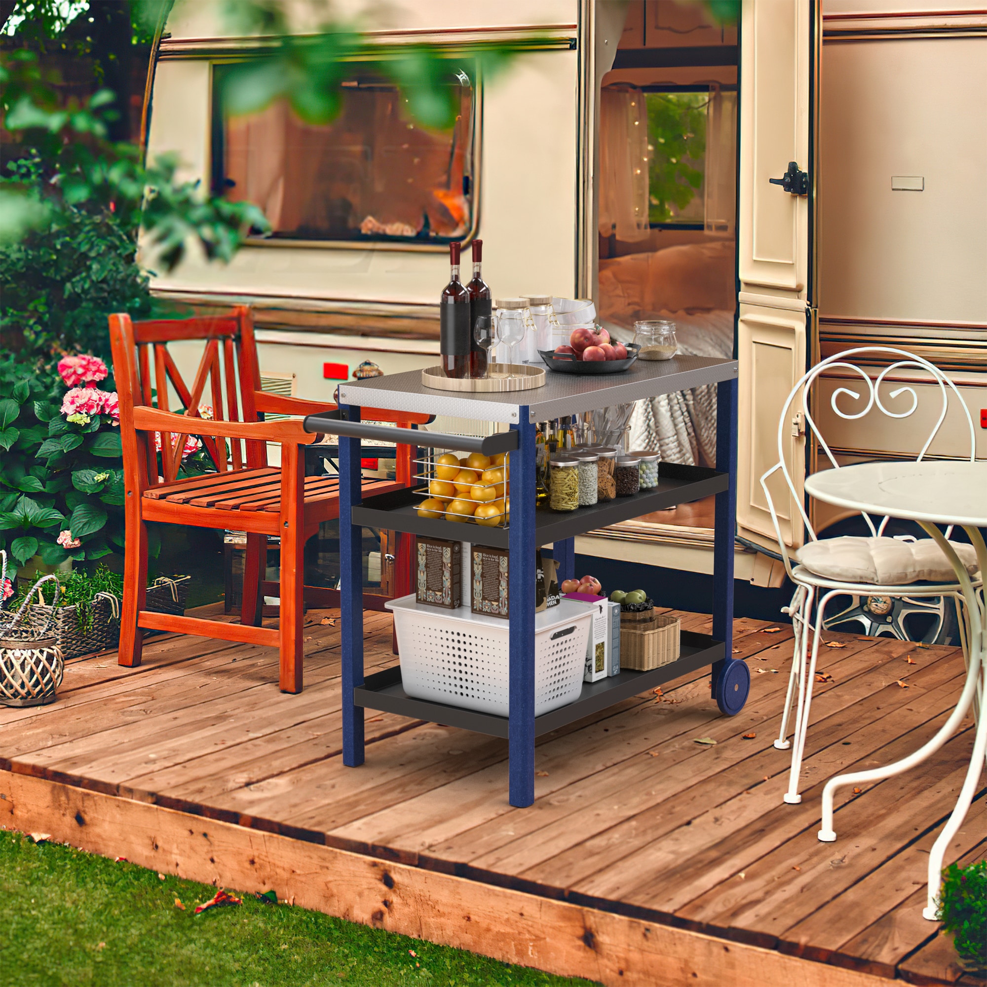 Poly furniture KC-SS06-NBU Outdoor Grill Cart, Honeycomb Style Wear-Resistant Tabletop Blue Plastic Grill cart