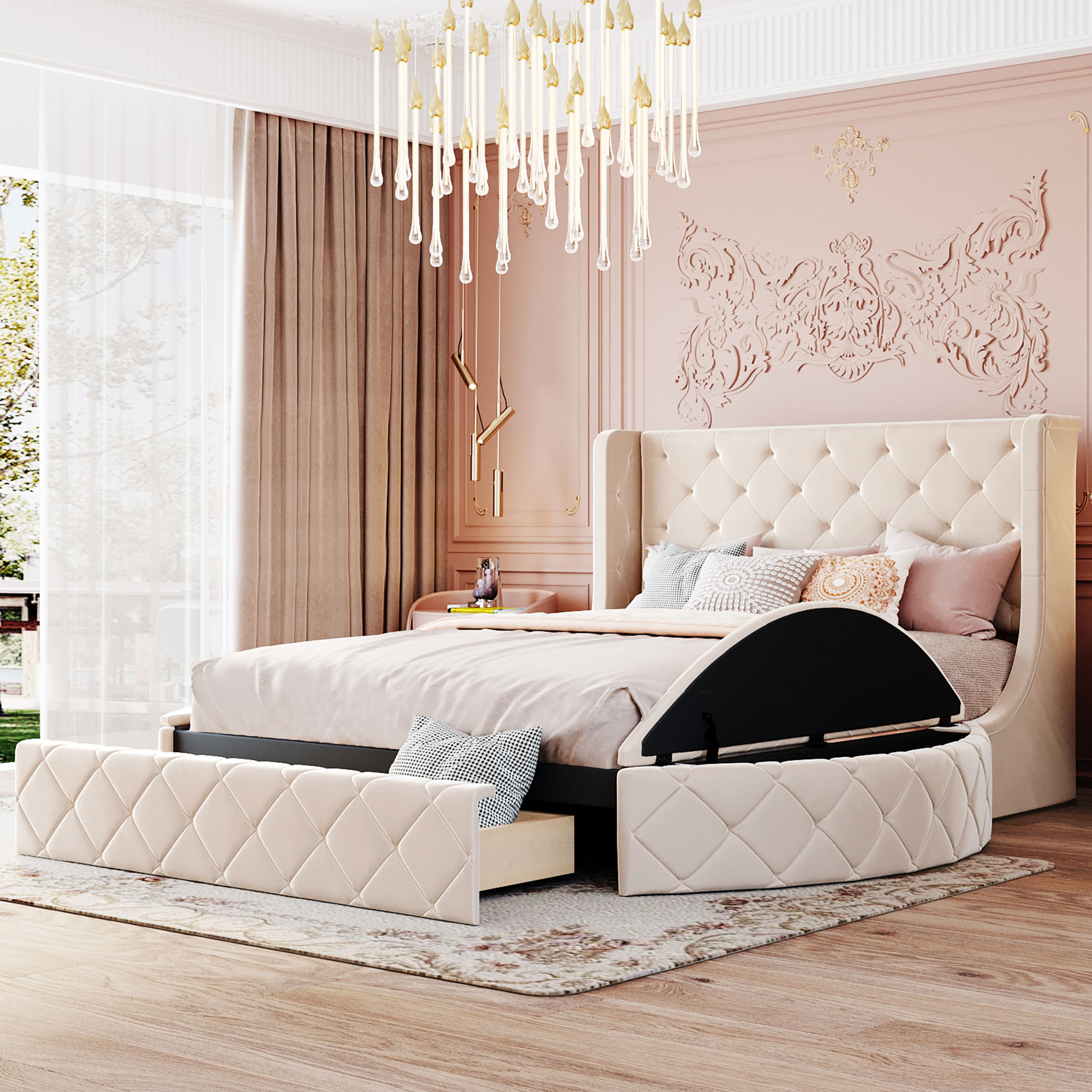 ModernLuxe LP000815AAA Upholstered Platform Bed Queen Size Storage Velvet Bed with Wingback Headboard and 1 Big Drawer2 Side Storage StoolBeige