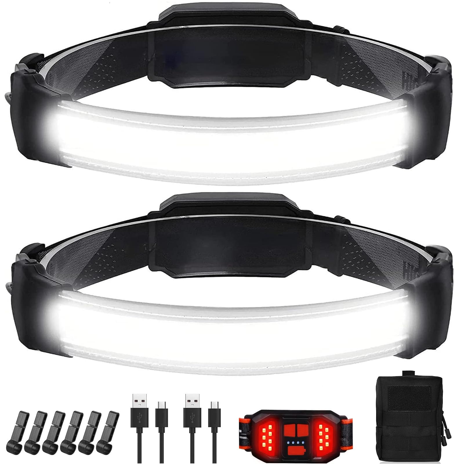 Vrbgify  2 Pack Rechargeable LED Headlamp 6 Light Modes with Individually Controlled Front Light and Taillight 230 Degree Wide Beam IPX6 Waterproof for Camping Running Hiking