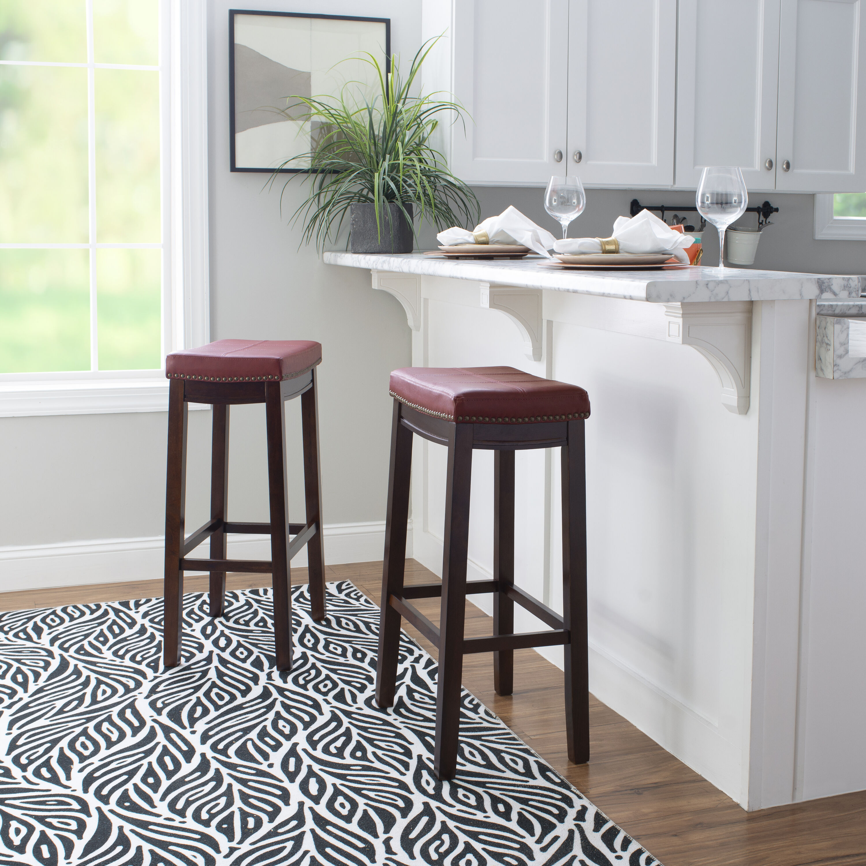 32" Dark Brown Wood Barstool with Red Faux Leather Saddle Seat