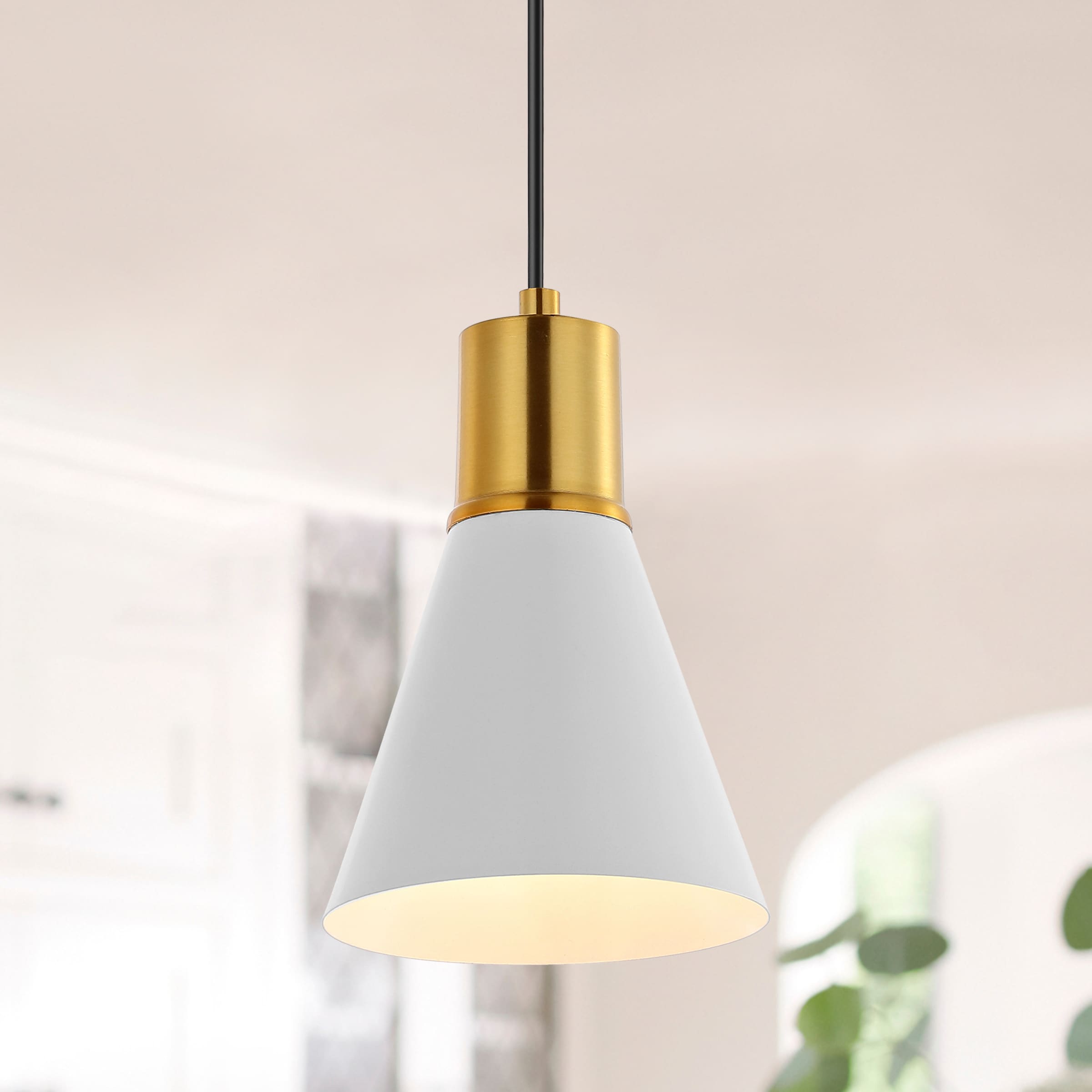 JONATHAN  Y JYL6131B Apollo 6" Iron Minimalist Mid-Century White/Brass Gold Modern/contemporary Cone Mini Hanging Pendant light
