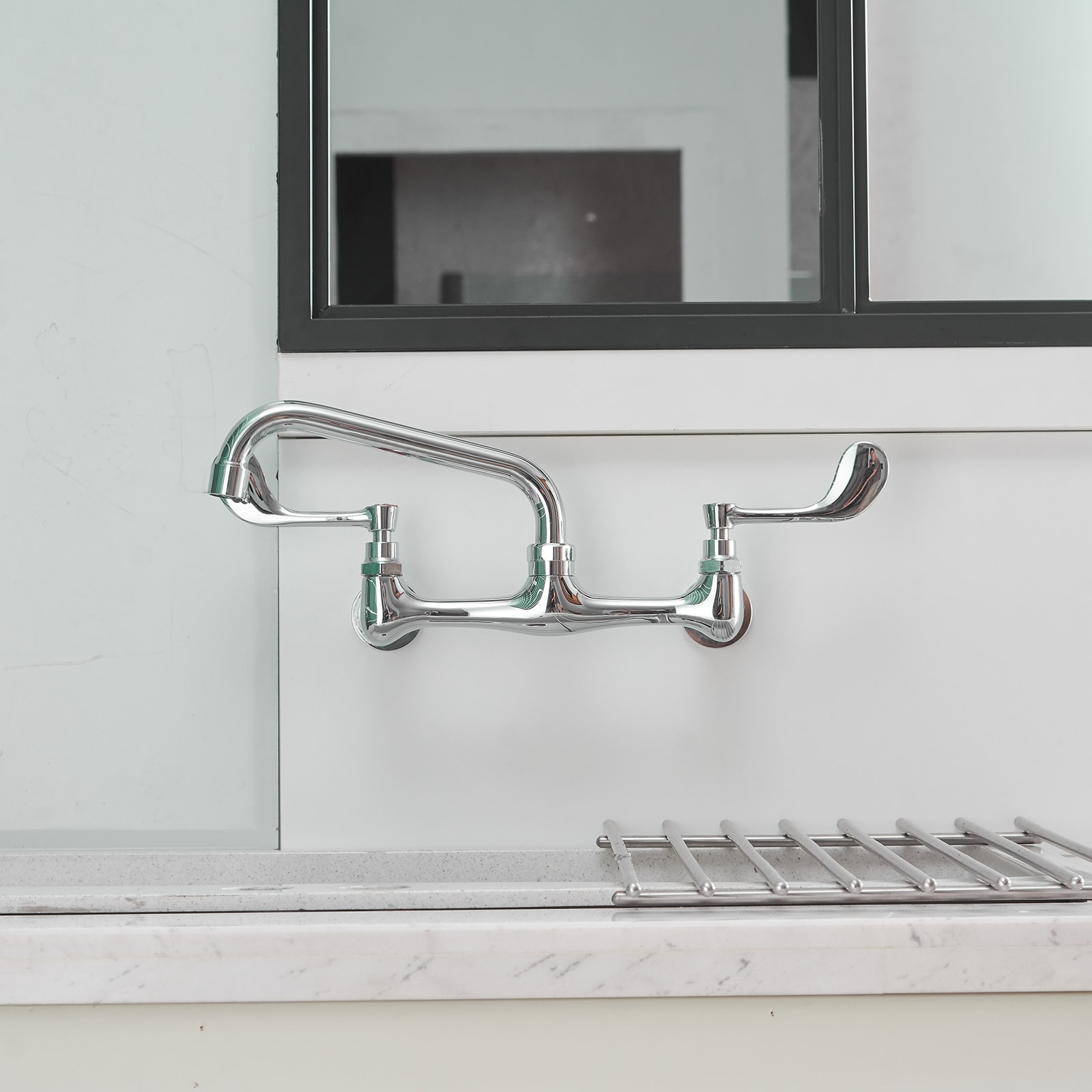 Polished Chrome Double Handle Wall Mount Kitchen Faucet