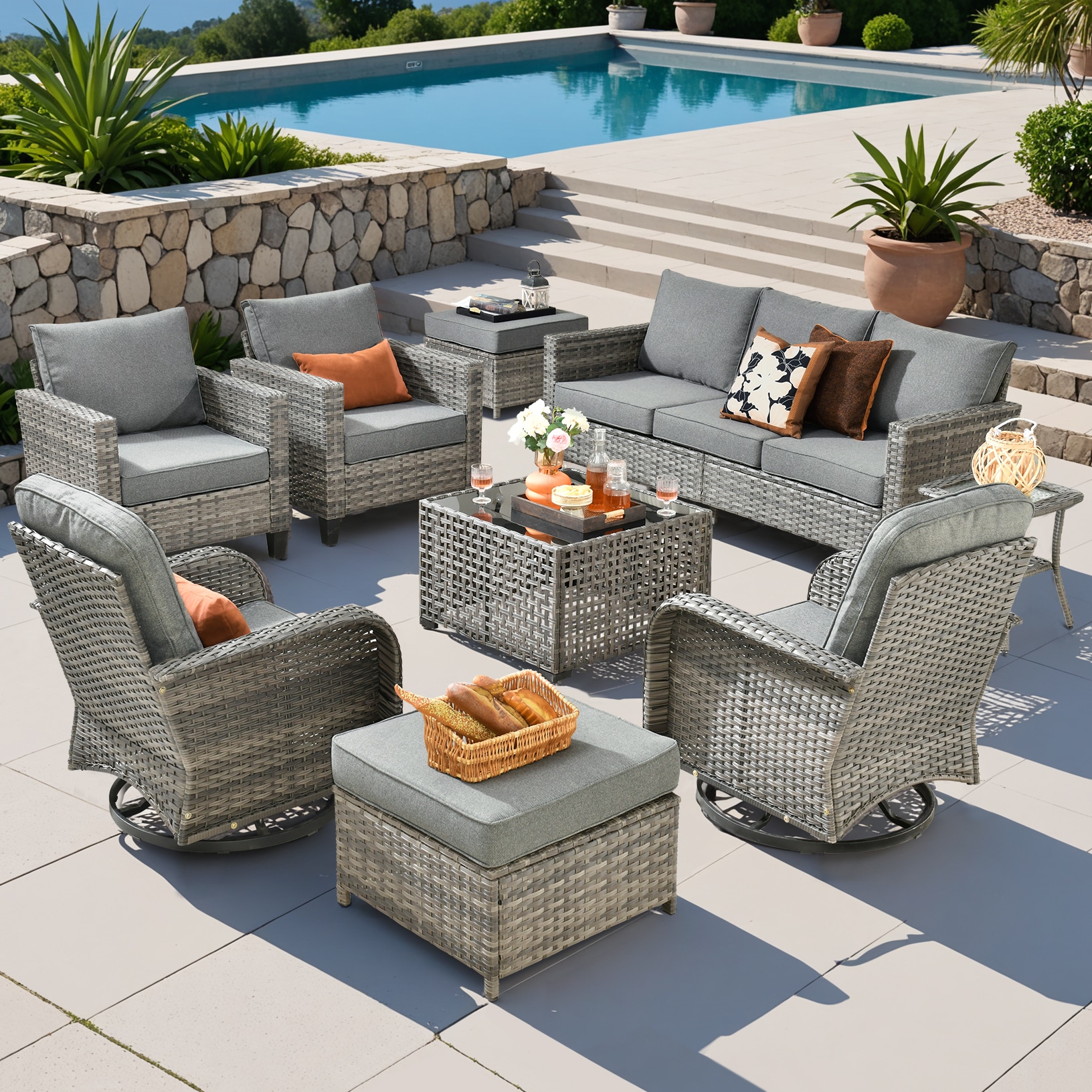Pouuin SYZGNC209 9 -Piece Wicker Patio Sofa Conversation Set with Dark Gray Cushions