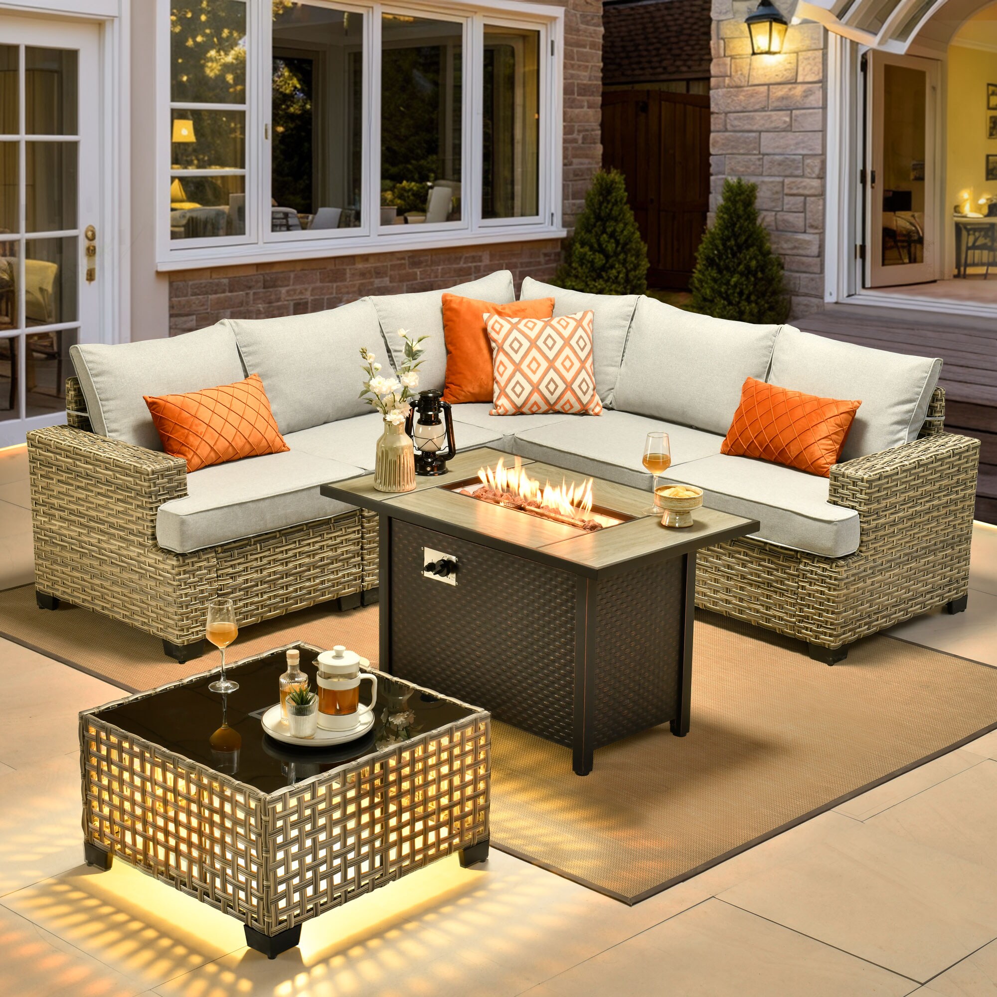 Ovios RFPTS400 7 -Piece Wicker Patio Conversation Set with Light Gray Cushions