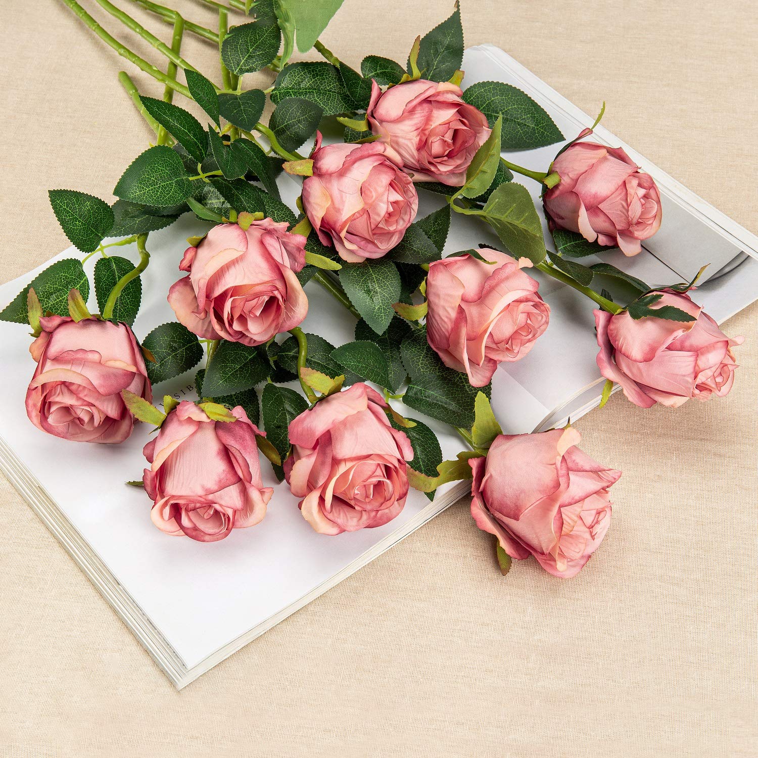 Oyezvary 10 pcs Artificial Rose Flowers Long Stem Silk Roses Rose Red ...