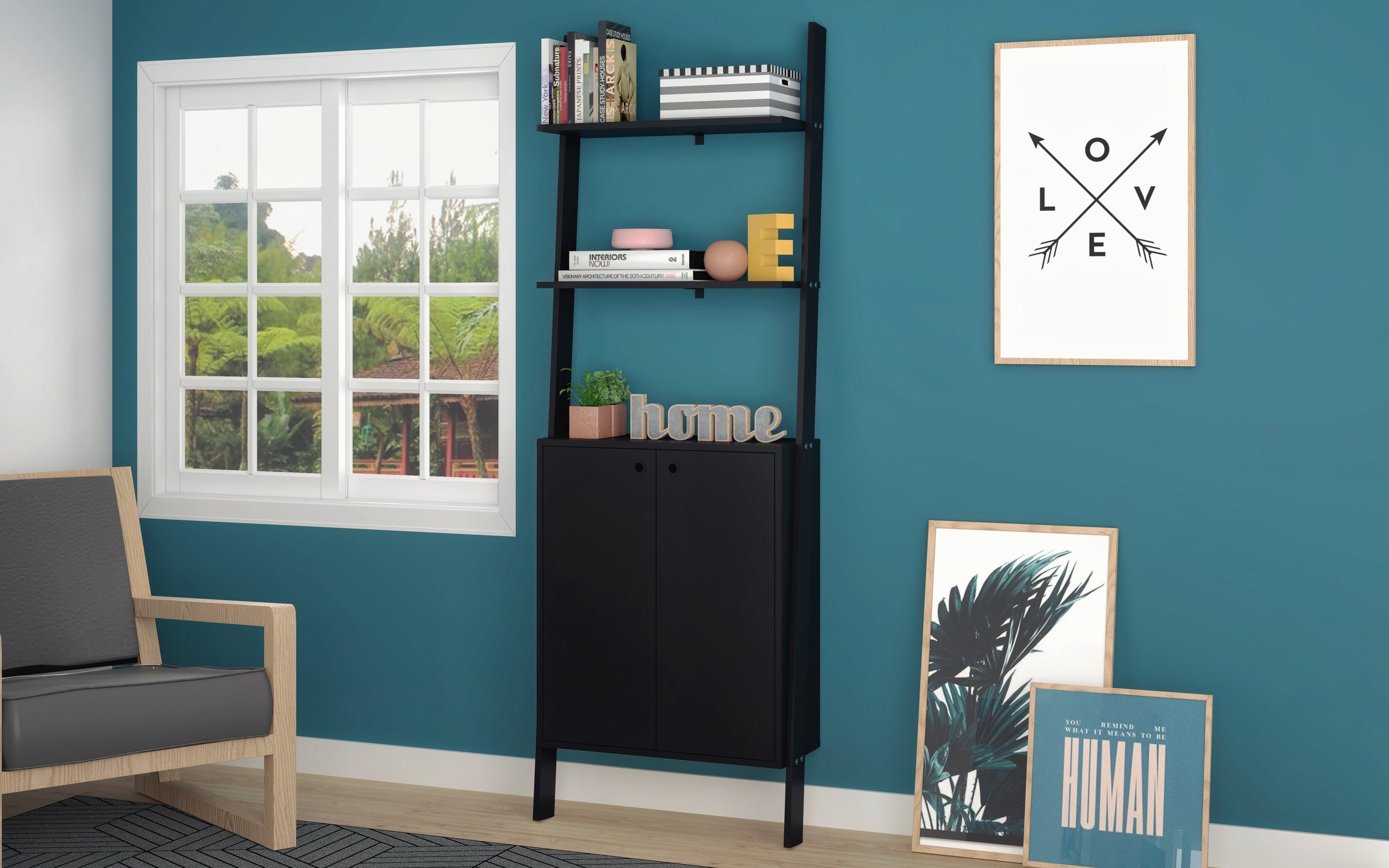 Manhattan Comfort 194AMC153 Cooper Black Composite 4 -Shelf Ladder Bookcase with Doors ( 24.8-in W x 72.04-in H x 9.84-in D ) Finished