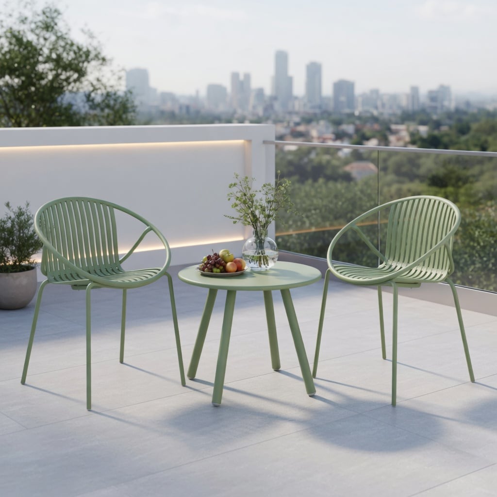 Choco Moon All-Weather Green Gray PP Outdoor Patio Conversation Set Two Ergonomic Armchairs Round Coffee Table Weatherproof Metal Frame Backyard