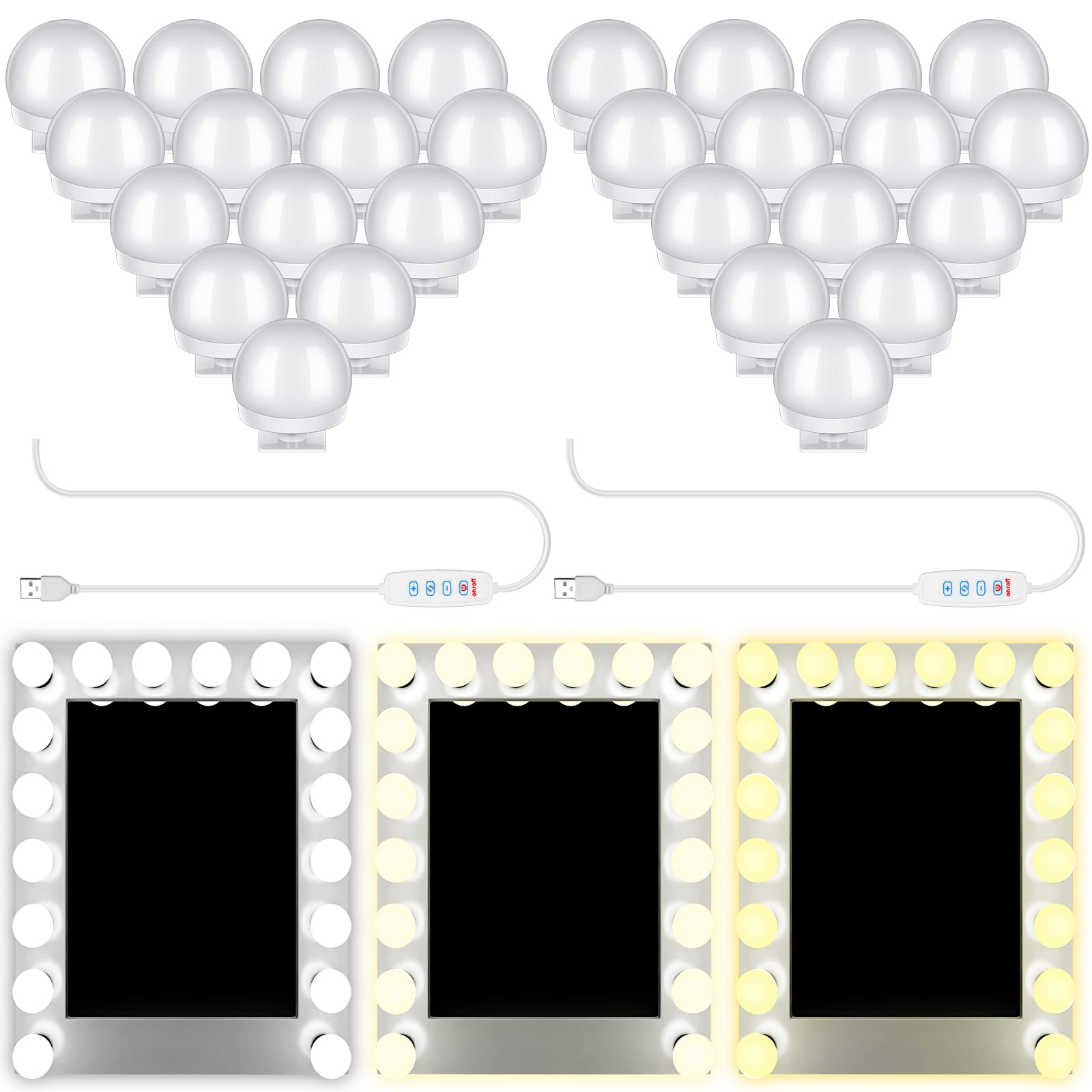AOIZGMY  Vanity LED Lights Kit 28 Dimmable Bulbs with 3 Color Modes Plug in Makeup Mirror Light with Adjustable Color and Brightness USB Cable No