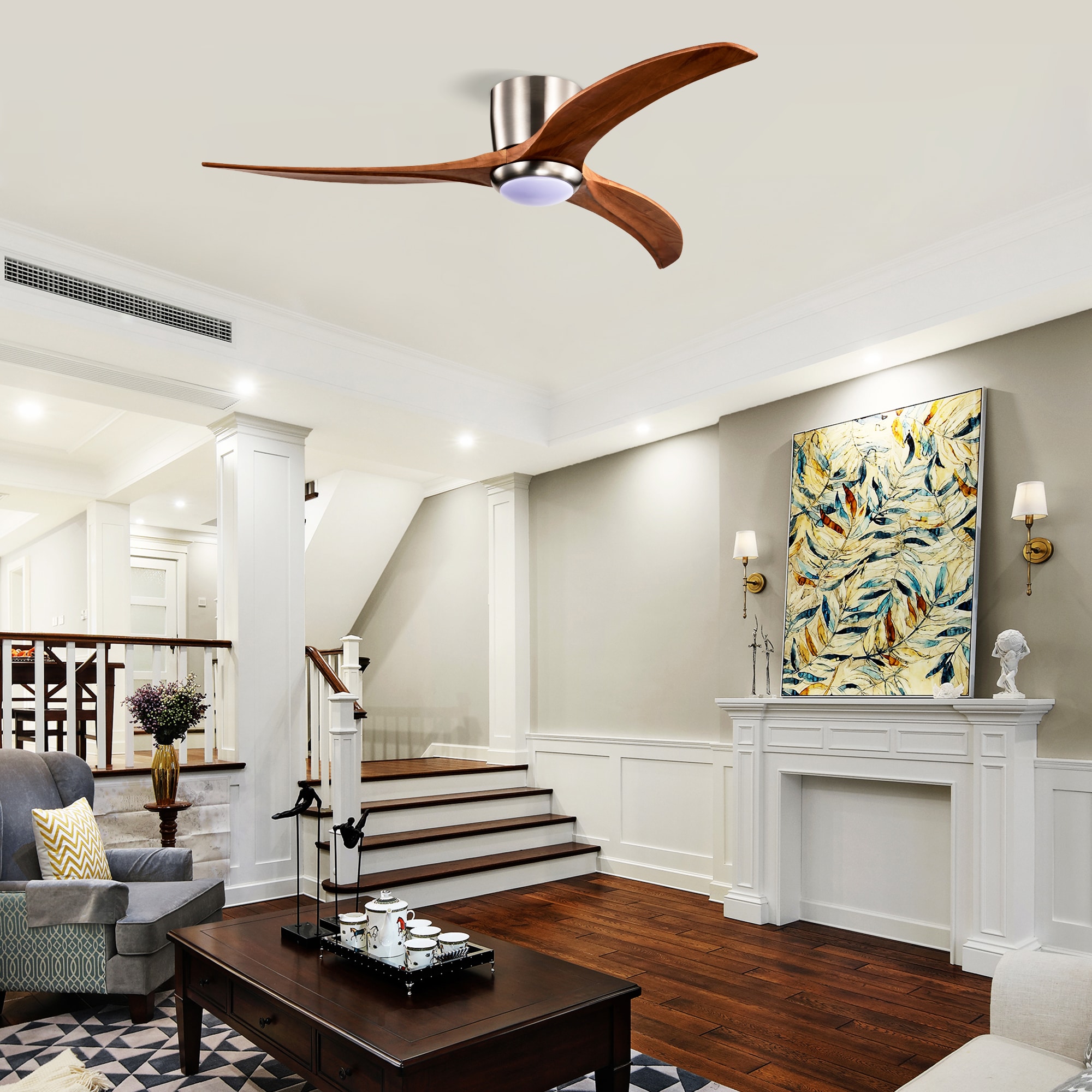 Tenleaf 52 Inch Solid Wood Blades Ceiling Fan with Lights Remote Control Quiet for Patio Living Room BedroomStain Nickel