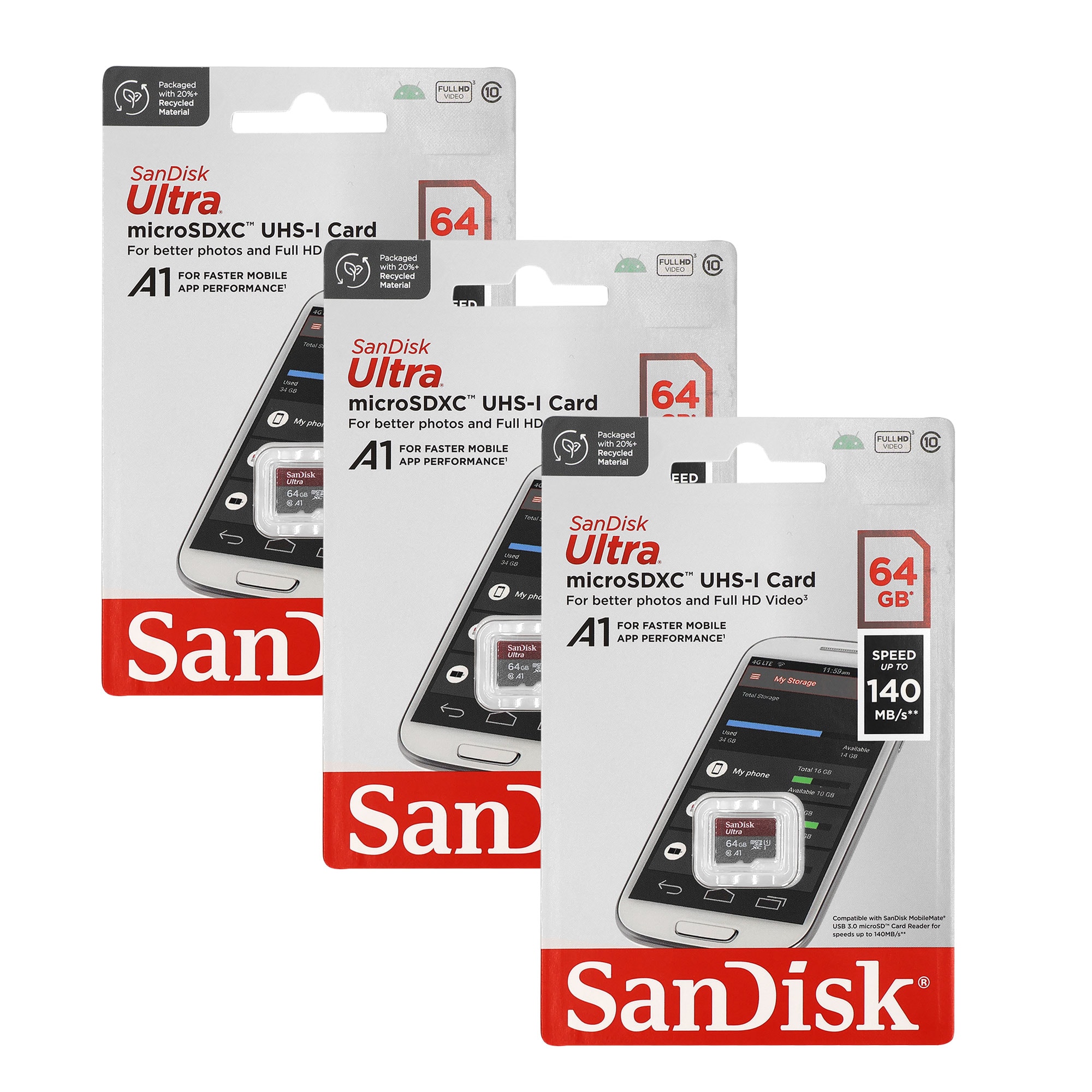 SanDisk 3x  Ultra microSD 64 GB 140MBs Memory Card