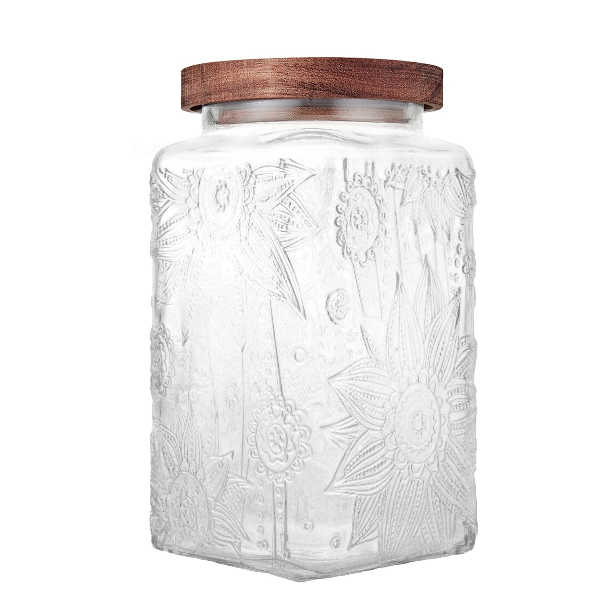 KIWDZFU  Glass Storage Jar Airtight Wood Lid 35oz Large Square Sunflower for Kitchen Counter Storage Coffee Sugar Tea Cookie Candy Salt Decorative