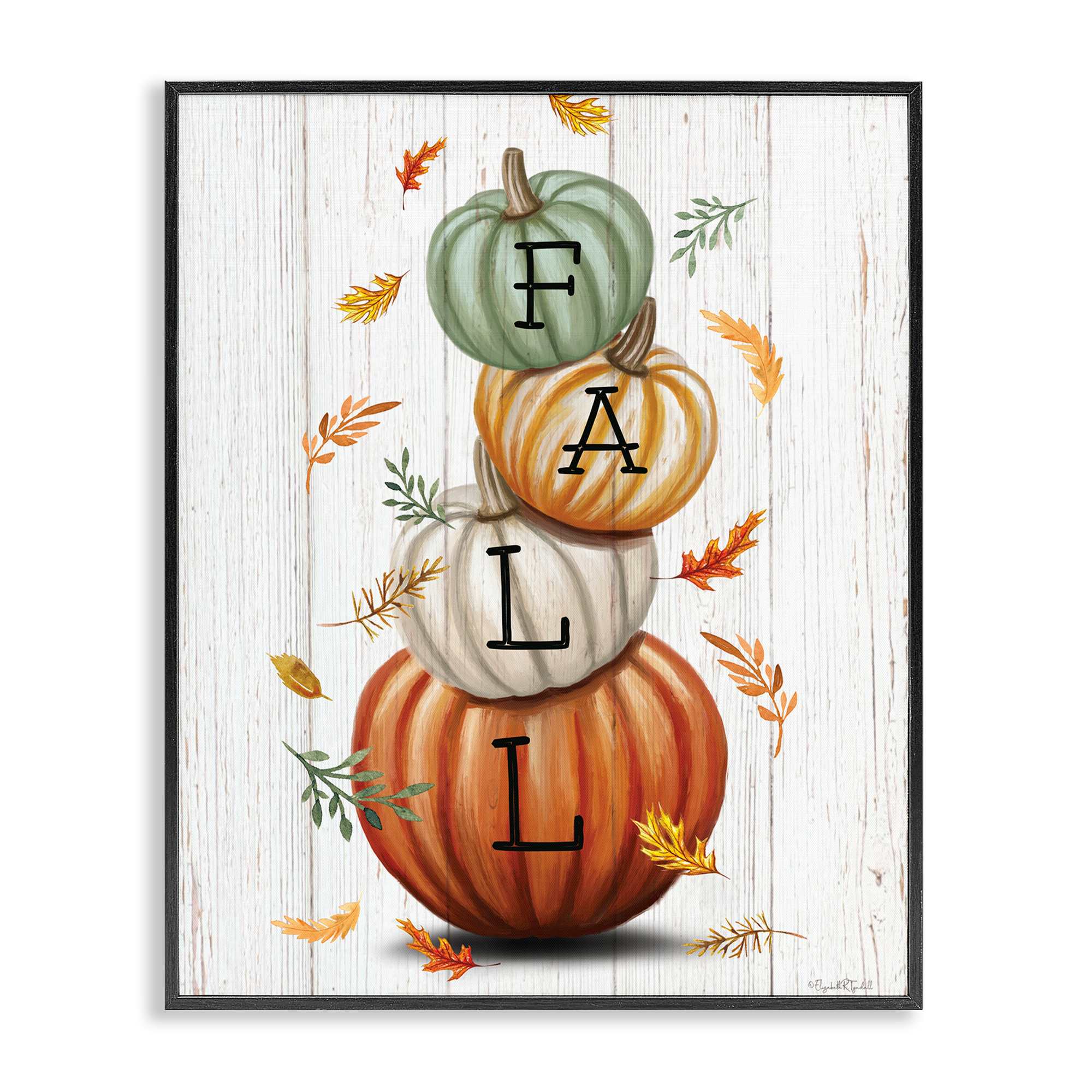 Stupell Industries BT-568-FR-24X30 Falling Leaves and Pumpkin Stack Black Framed Giclee Art By Elizabeth Tyndall 24 x 30