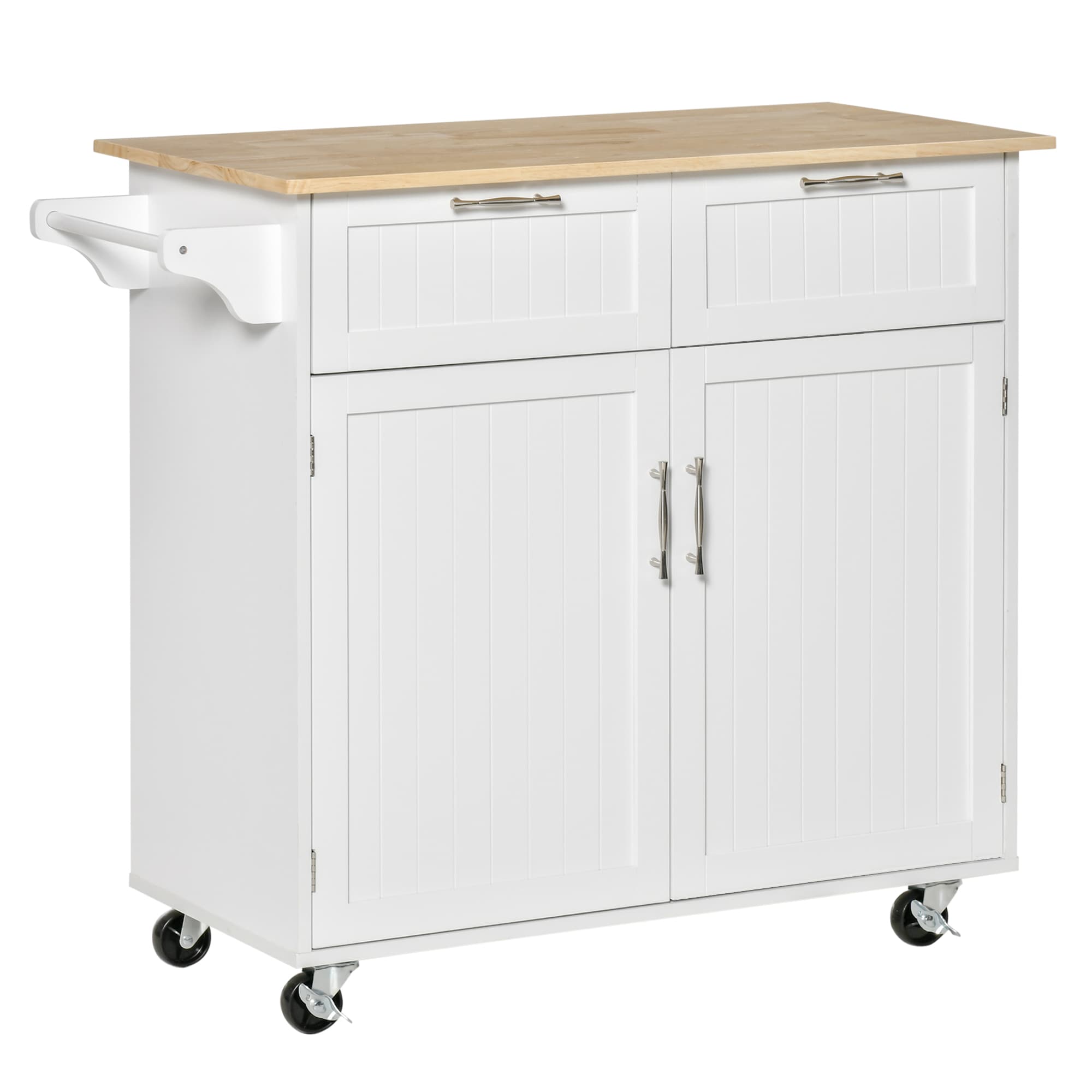 HomCom 801-203 41  Modern Rolling Kitchen Island on Wheels  Utility Cart Storage Trolley with Rubberwood Top and Drawers  White