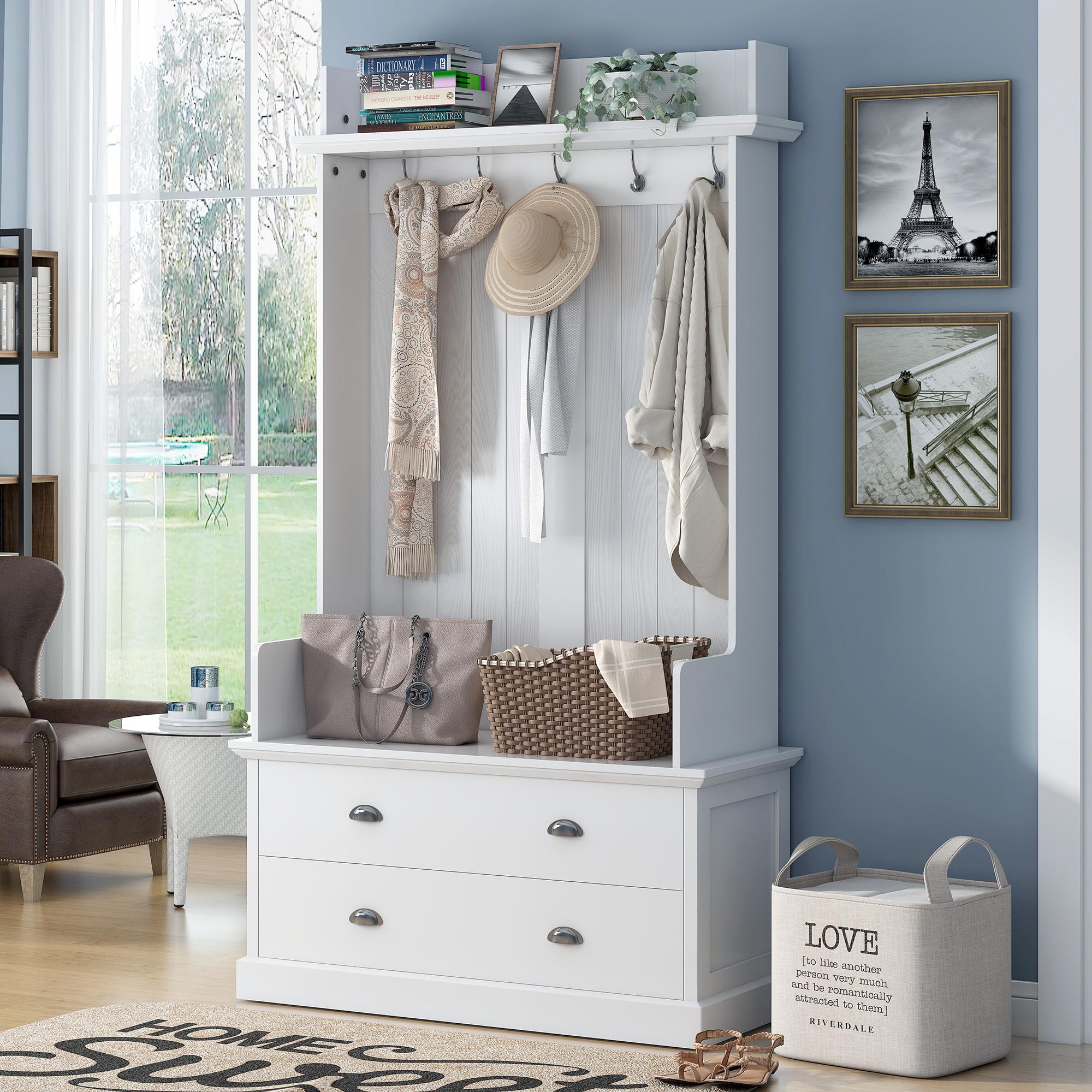 Bayfeve BF-3887K-IN Vintage Style Hall Tree Modern 38.5-in White Composite Hall Tree
