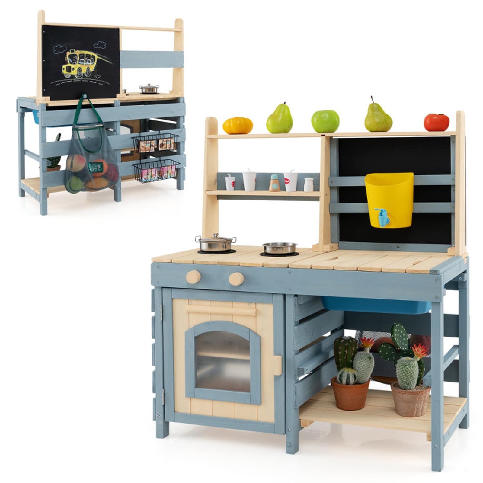 SUGIFT - 2-in-1 Kids Mud Kitchen with Play Faucet and Extra Chalkboard Blue Fir Wood Outdoor Play...