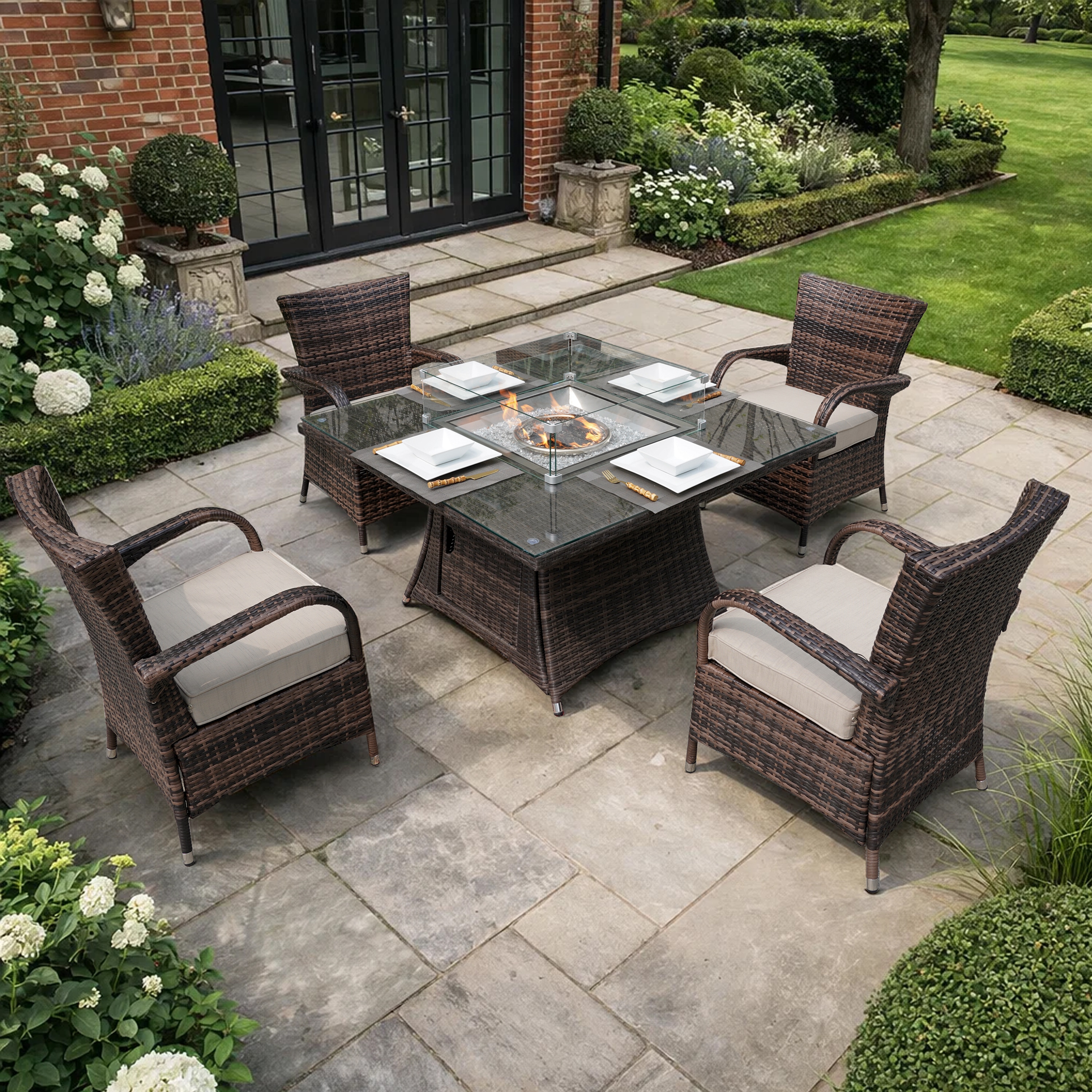 Direct Wicker Flame 5 -Piece Brown Wicker Patio Dining Set Wicker Square Table with 4 Brown Cushions Stationary Chairs Fire Pit Included