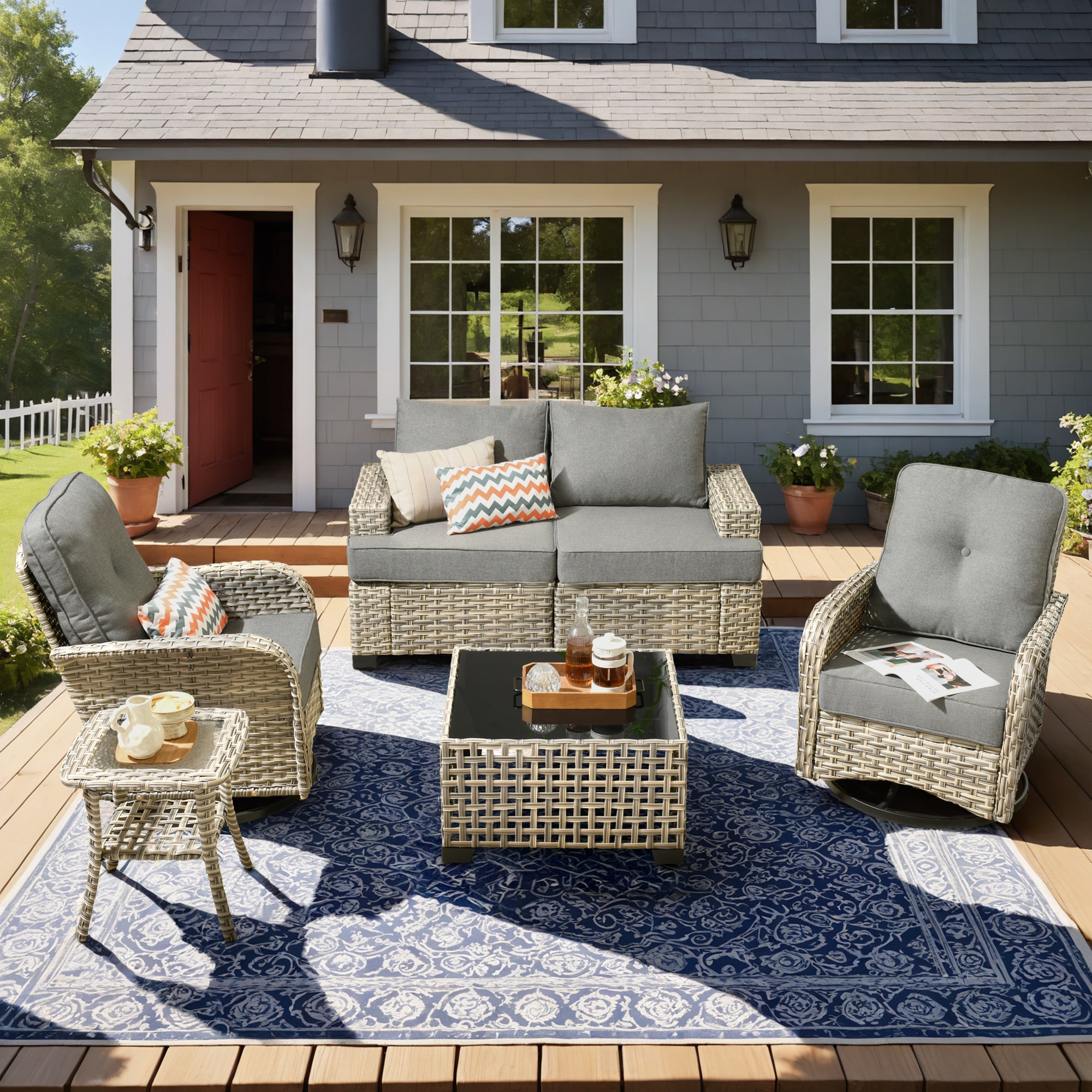 Pouuin SVYZBS205 5 -Piece Wicker Patio Conversation Set with Dark Gray Cushions