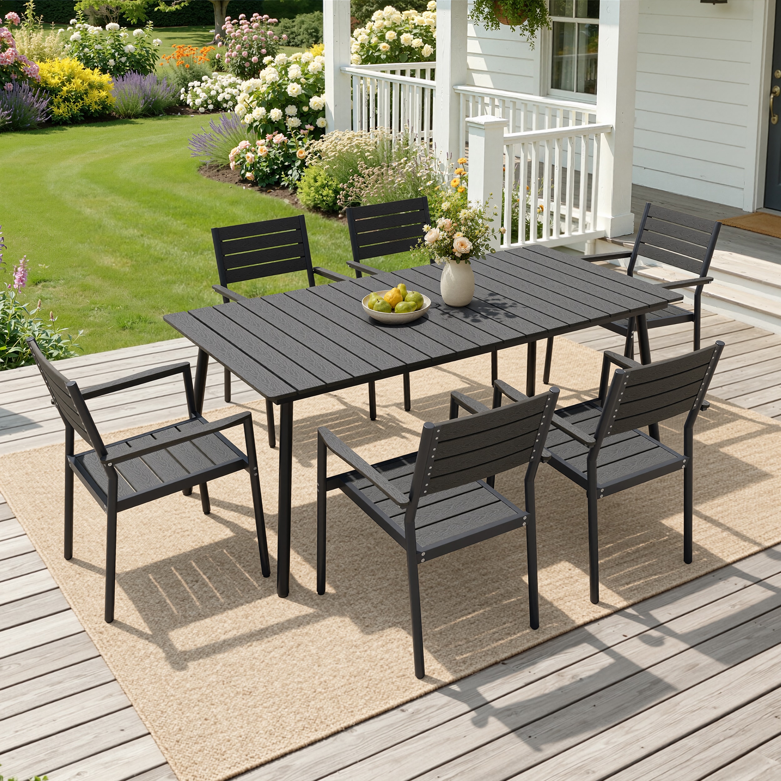 Crestlive Products - 7 -Piece With Armrest Patio Dining Set Aluminum Rectangle Table with 6 Black...