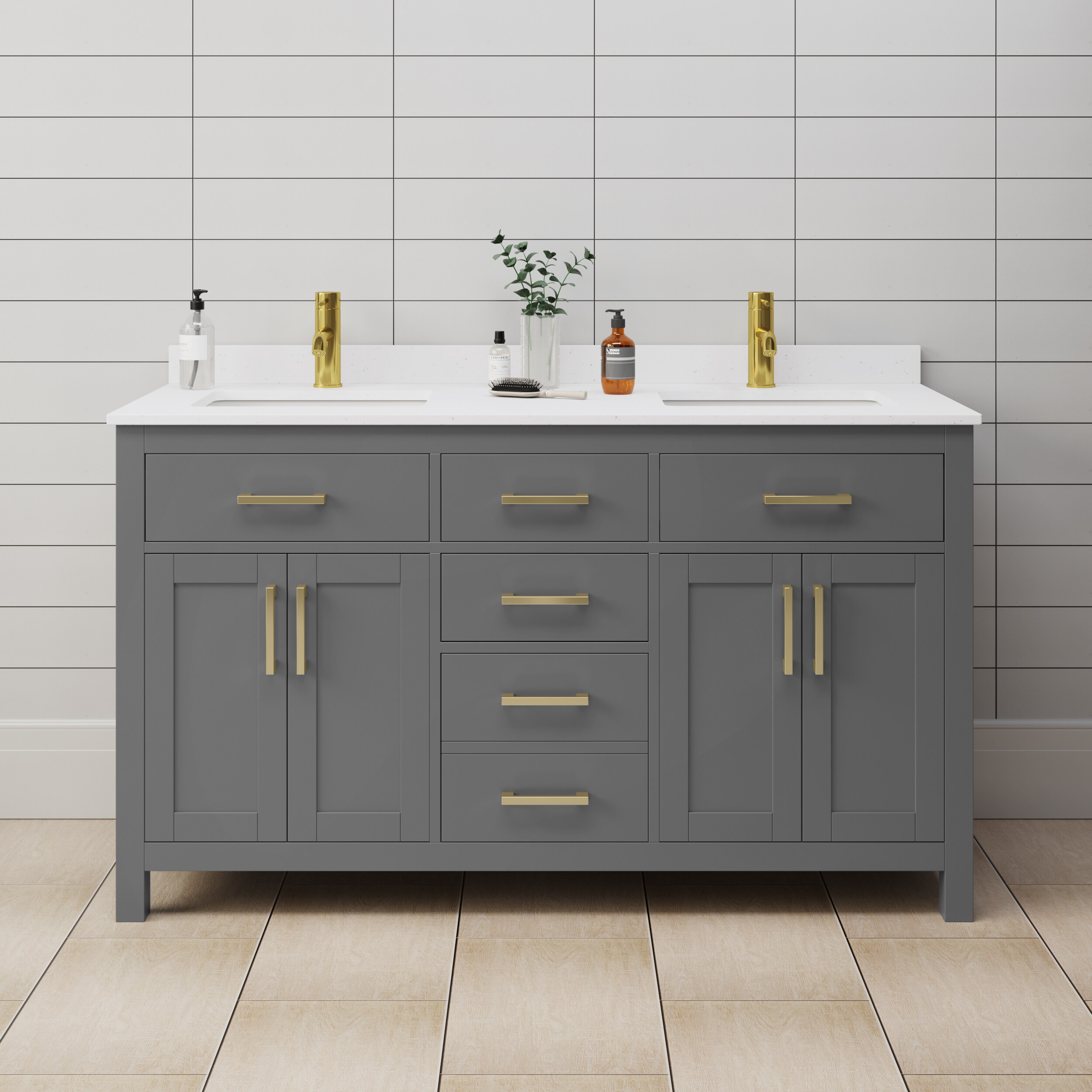 Wyndham Collection WCG242460DGGWCUNSMXX Beckett 60-in Dark Gray with Brushed Gold Trim Undermount Double sink Bathroom Vanity with White Cultured Marble Cultured marble Top