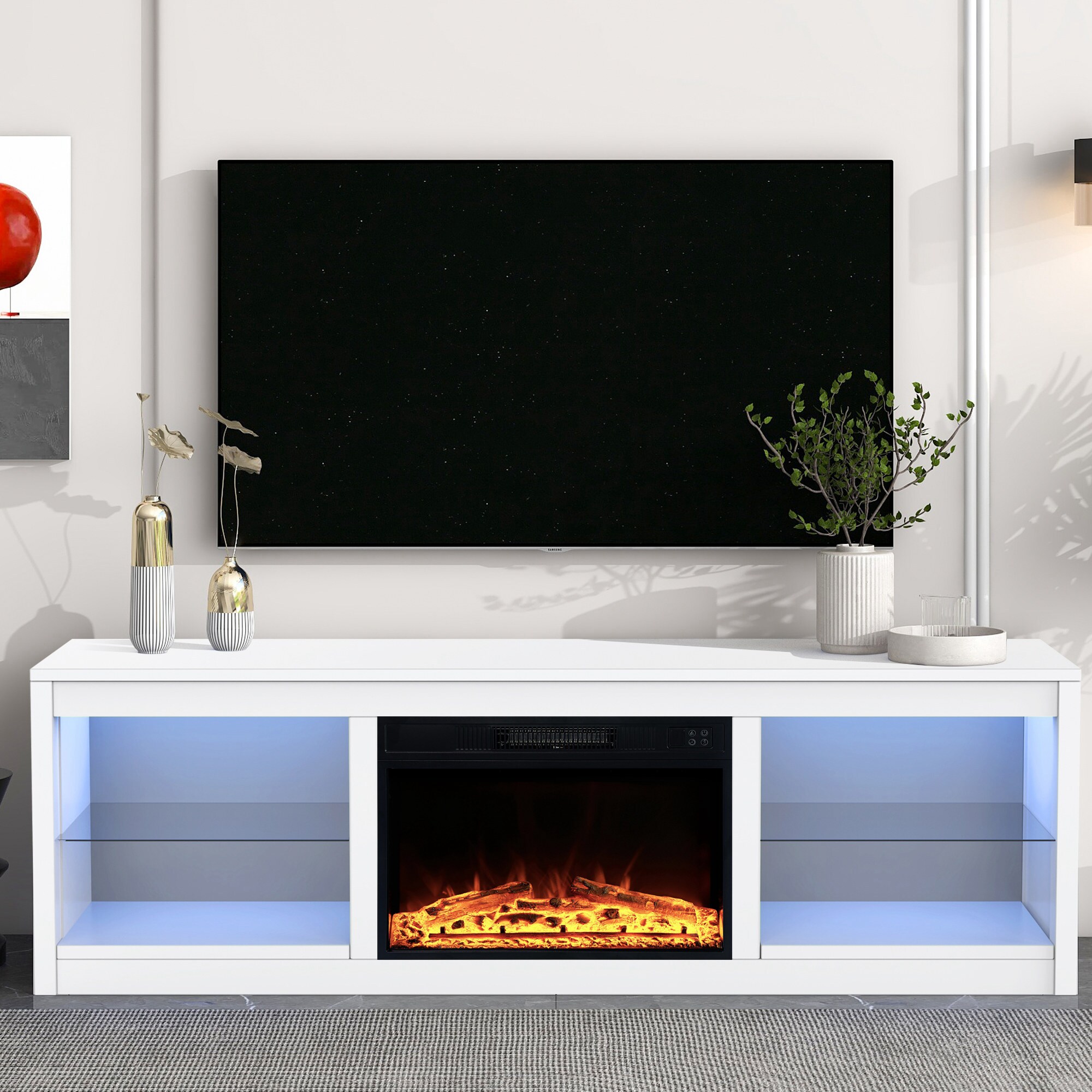 IHOMEadore BBJ01062-66-23G-WH 66-in W White TV Stand with LED Corner or flat wall Electric Fireplace with Remote Control Included
