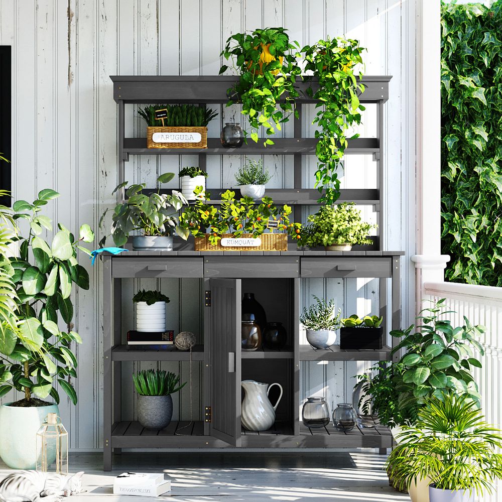 Blisstyle Topmax 66'' Large Outdoor Farmhouse Wooden Potting Bench Table Garden Workstation With 2 Drawers Cabinet And Open Shelves For Backyard