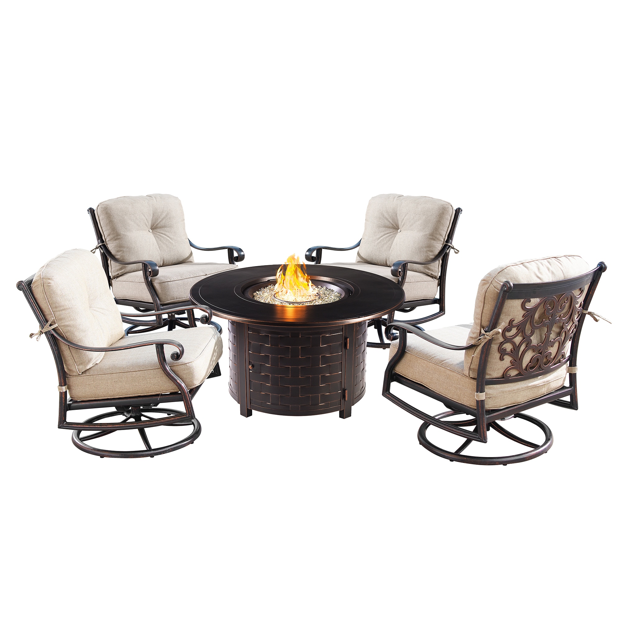 Oakland Living CANYON-RICO-5PC-AC Luxury Fire Table Sets 5 -Piece Patio Conversation Set with Off-white Spongpolly Cushions