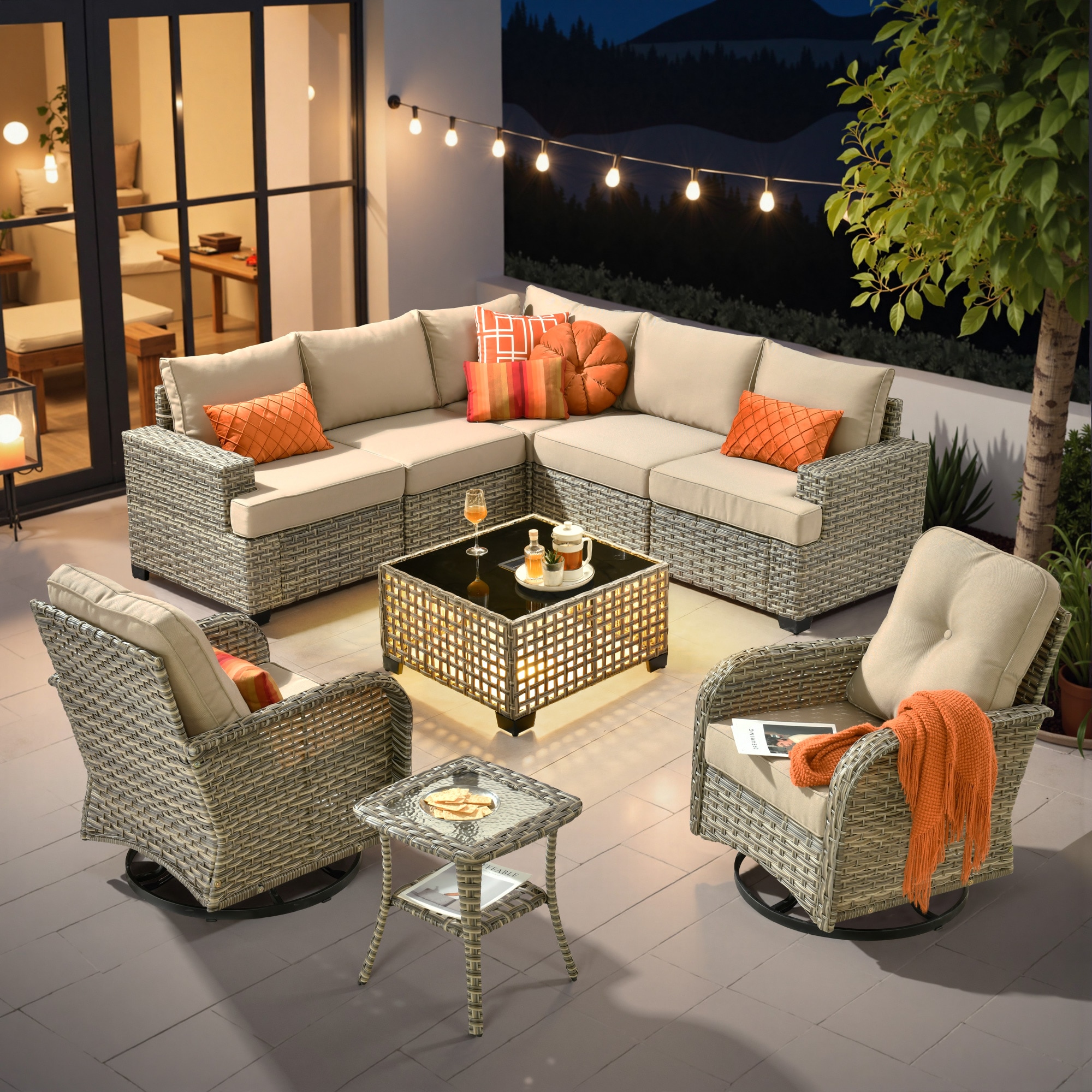 Ovios TS609TYV 9 -Piece Wicker Patio Conversation Set with Beige Cushions