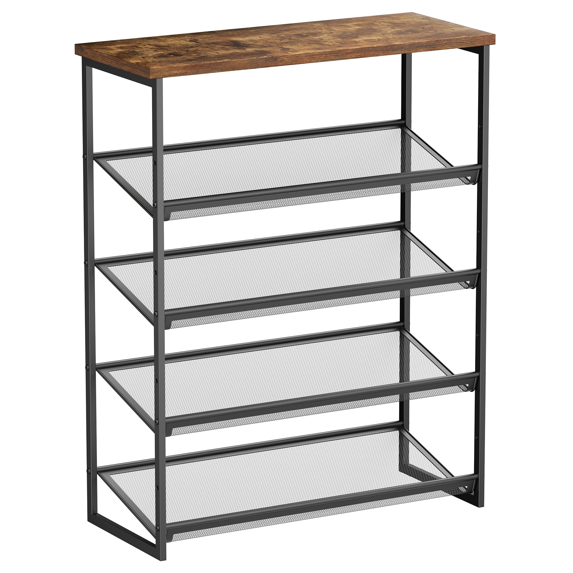 Fenbeli 5-Tier Free-Standing Shoe Rack Organizer for 16 Pairs with Adjustable Metal Mesh Shelves and Wood Top