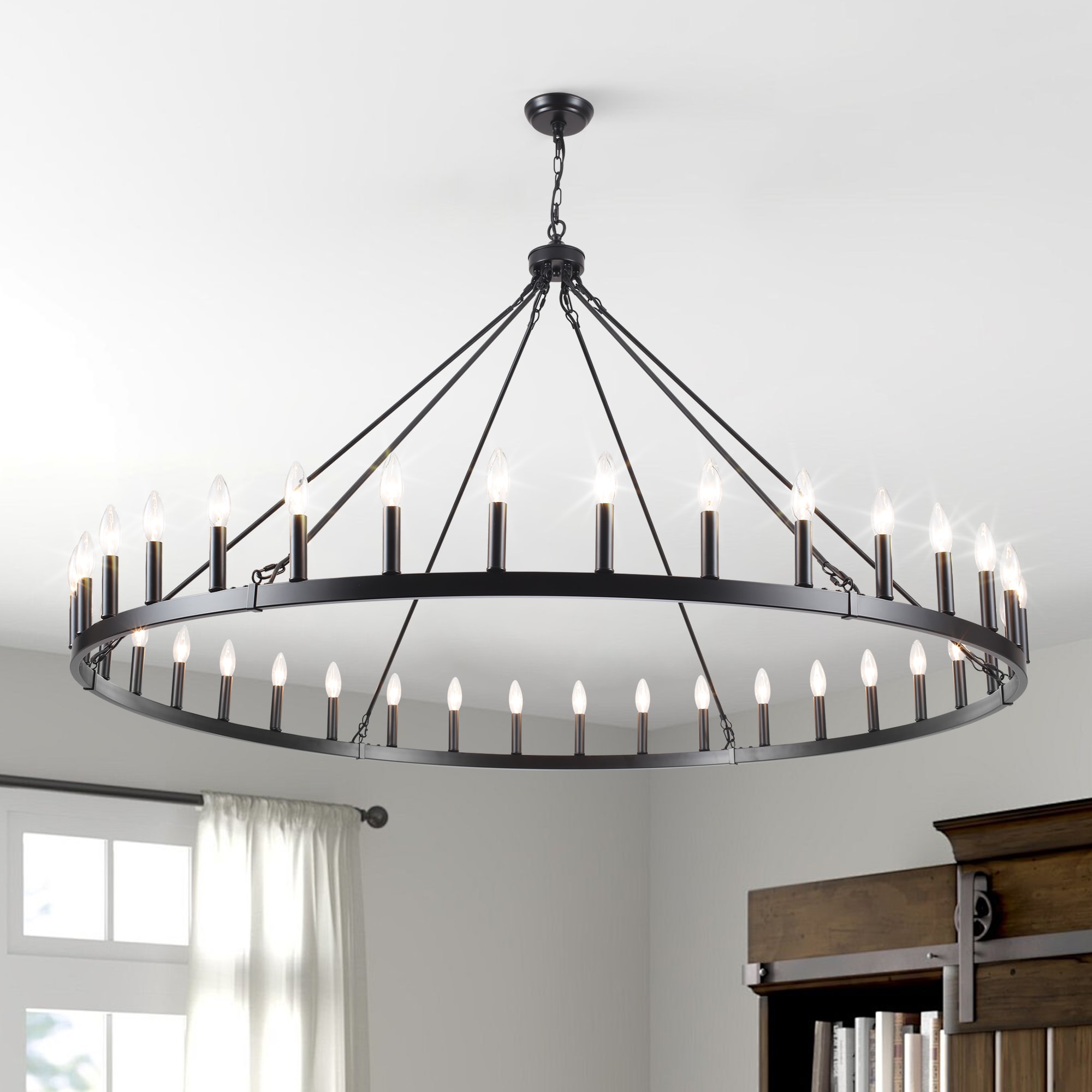 Zjvaive 60 Inch 36-Light Farmhouse Matte Black Bare Bulb Round Metal Frame Wagon Wheel Chandelier For Multiple Spaces