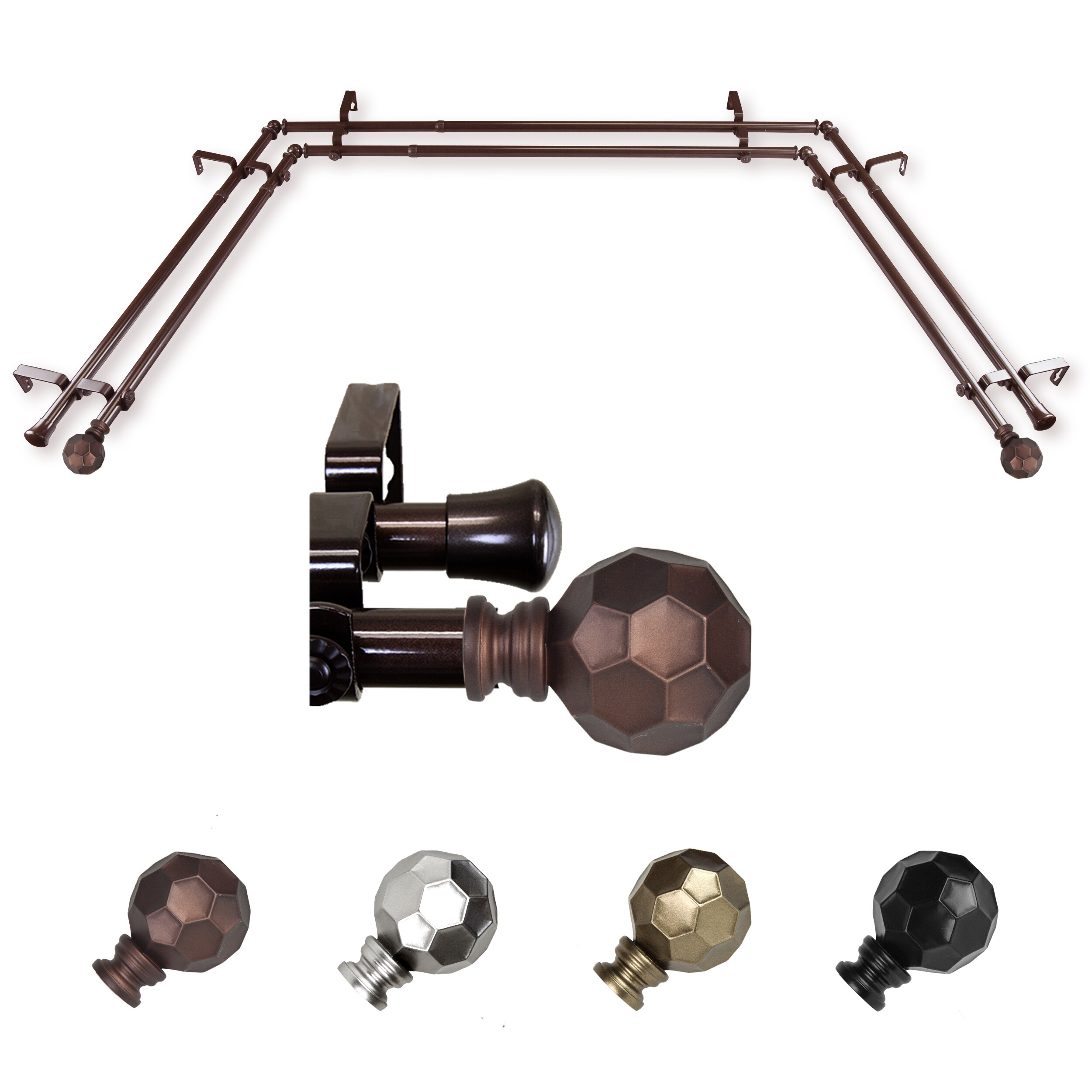 Hart & Harlow LO-ABAY-90-7D 72-in to 144-in Cocoa Steel Bay window curtain rod with Finials