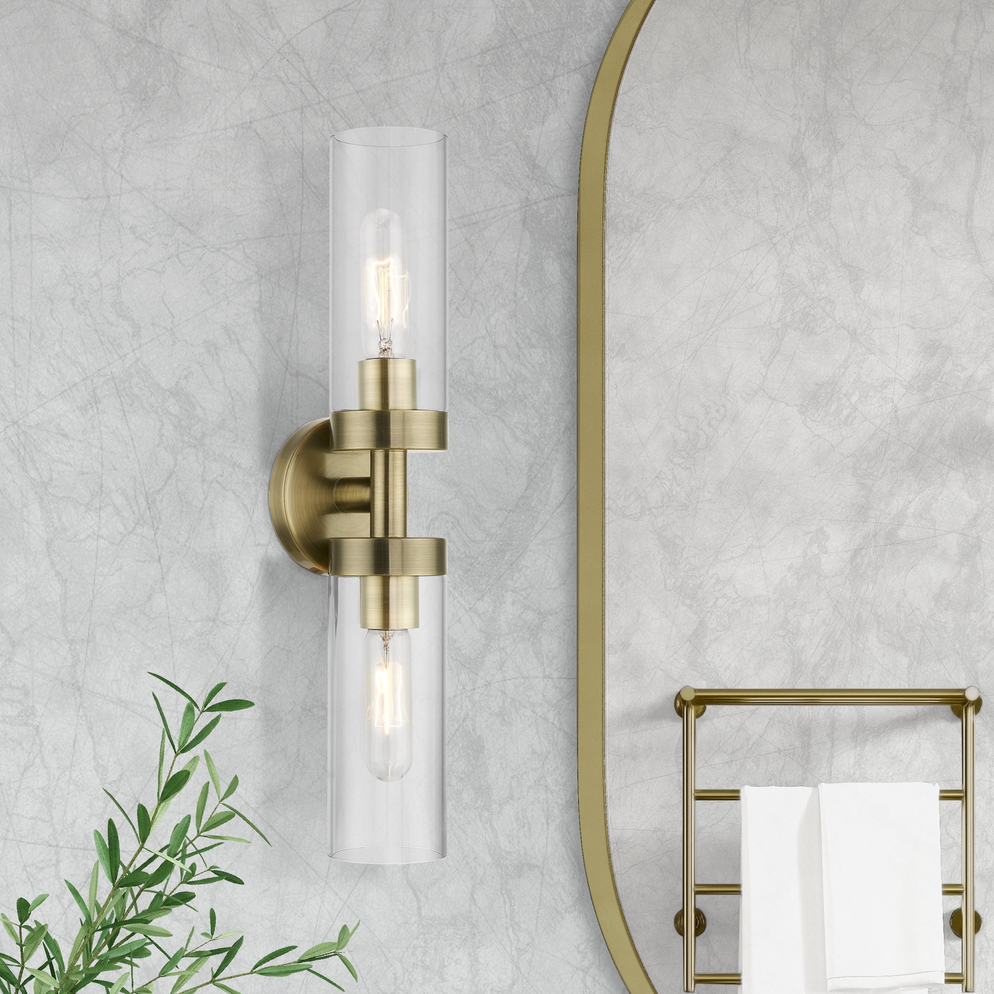 Antique Brass 2-Light Vanity Sconce with Clear Glass Shades