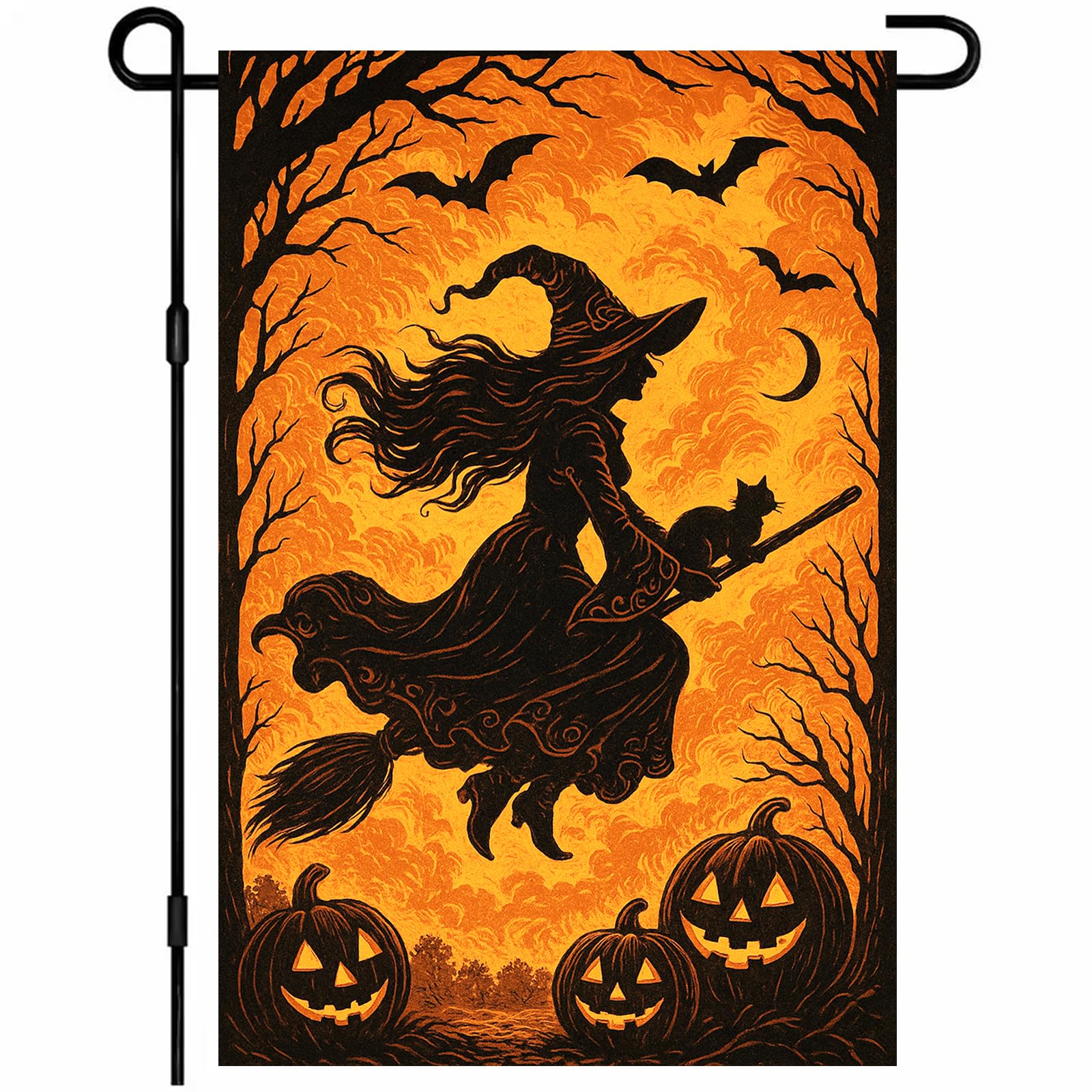 ITOPFOX  Halloween Garden Flag Witch Flying With Black Cat 12x18 Inch Double Sided Spooky Outdoor Flag Pumpkin Bat Decor Fall Yard Sign