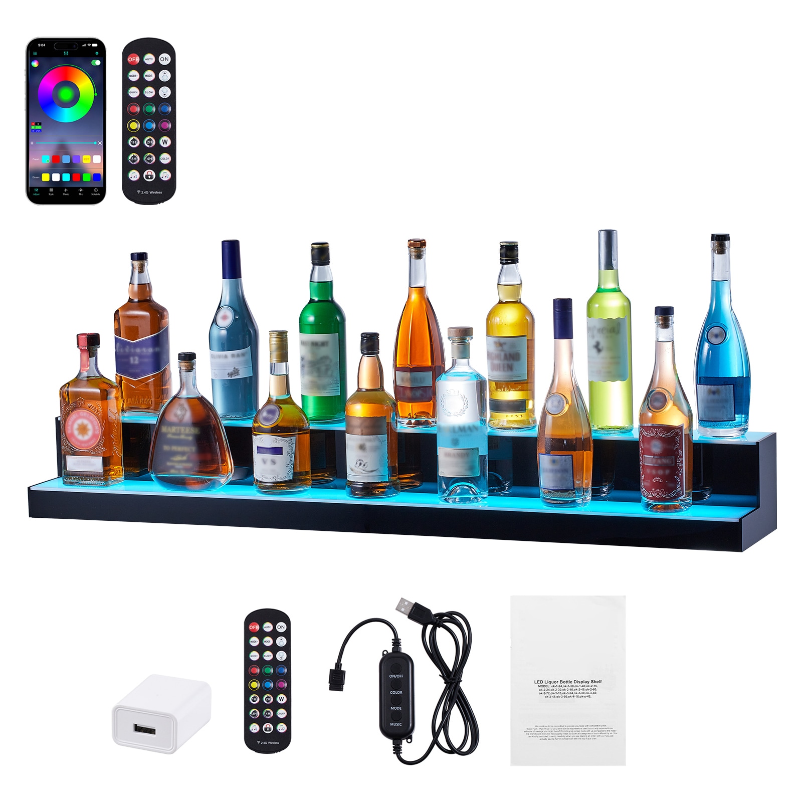 VEVOR SCZTXLEDJPZS07038V1 LED Lighted Liquor Bottle Display  2 Tiers 48 Inch Commercial Illuminated Home Bar Shelf  2 Steps Whiskey Rack Stand  Acrylic Drink Shelves with RF Remote and App Control  and Multicolor lighting