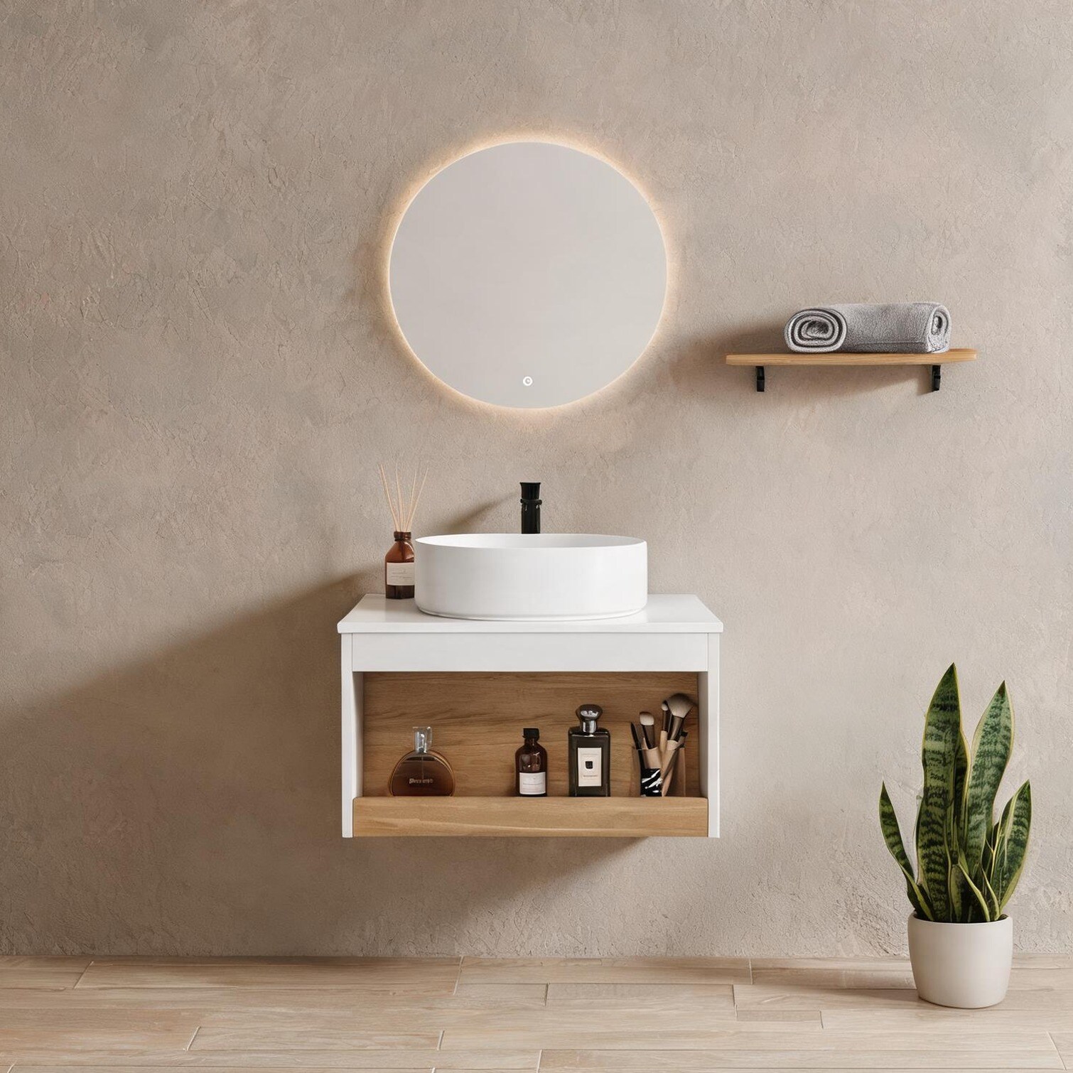 Naturefalls Wall-Mounted Bathroom Vanity with Glossy White Vessel Sink ...