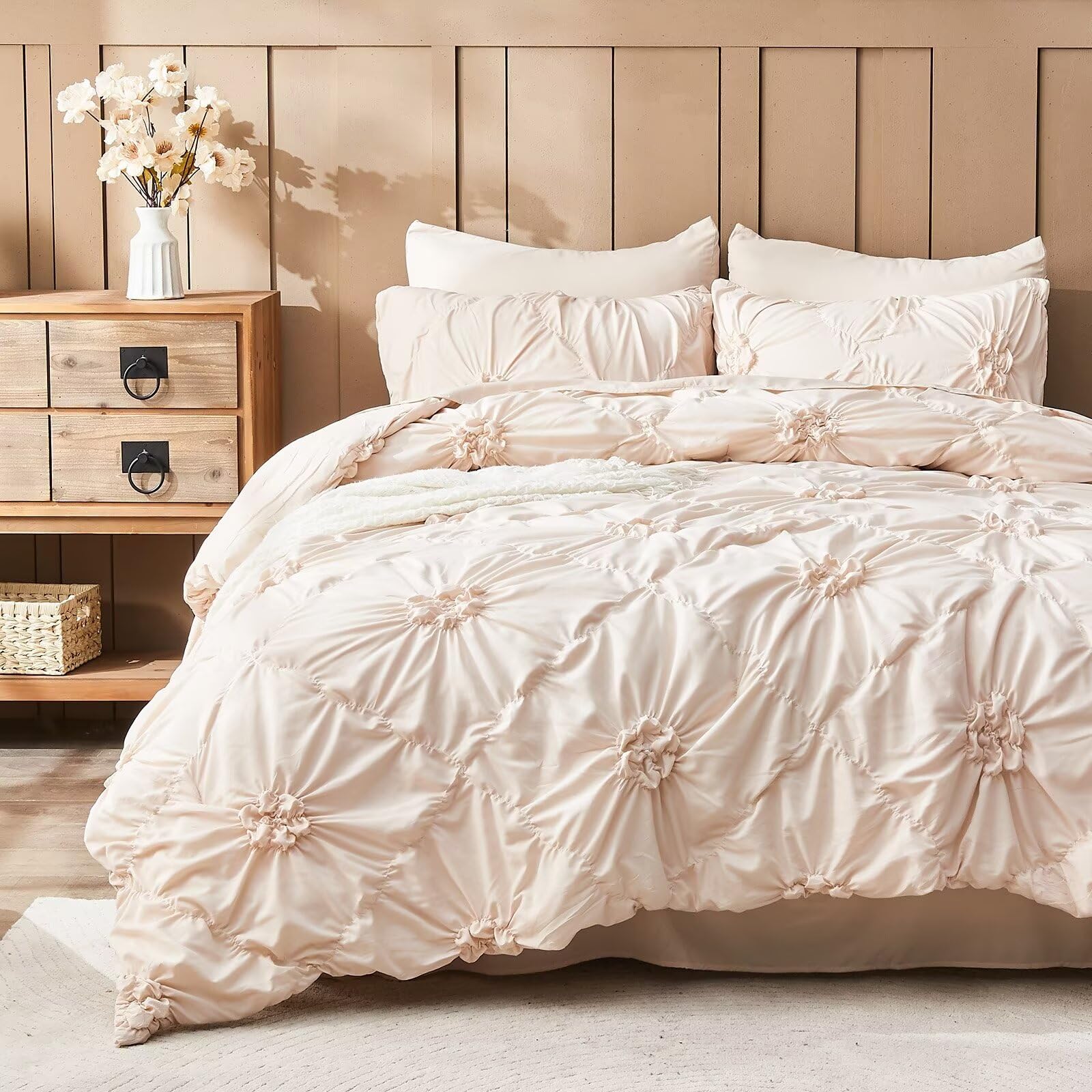 OMOMMD Beige Queen Size 7 Pieces Bow Tufted Boho Comforter Set Khaki Farmhouse Shabby Chic Embroidered All Season Bedding Set With Sheets Pillowcases Shams #5749848218318