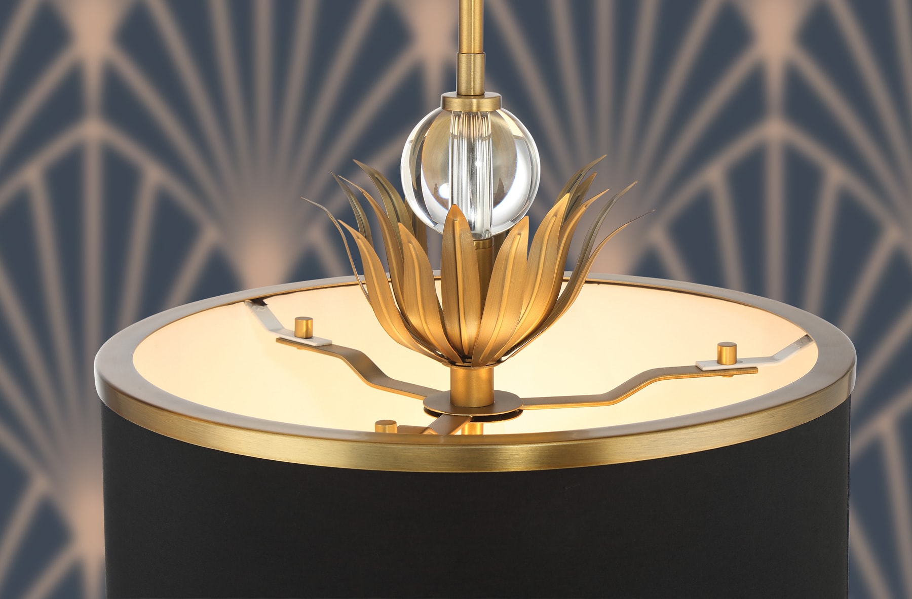 Natural Brushed Brass Pendant Light with Black Fabric Shade